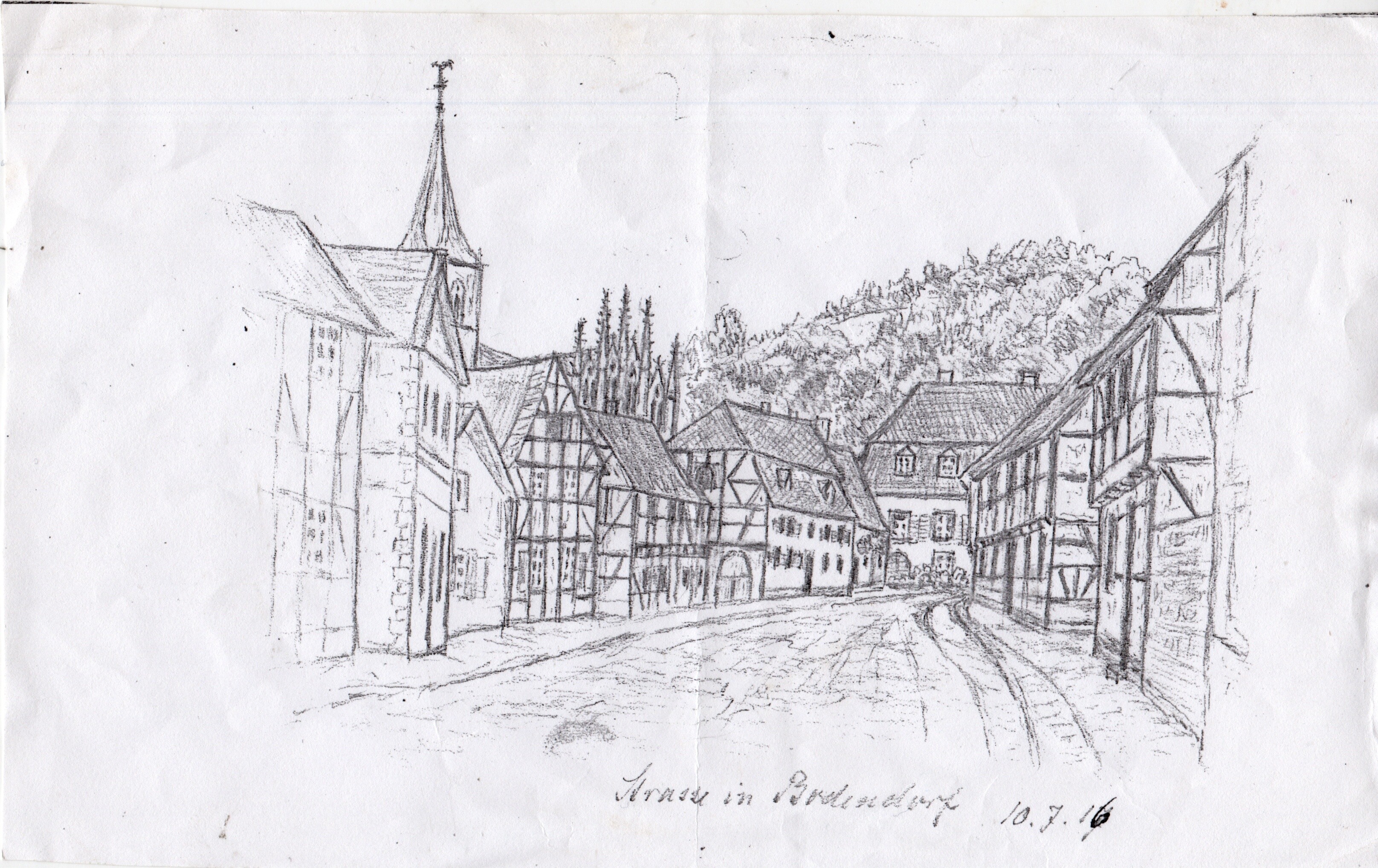 Bleistiftzeichnung Blick von Dorfplatz in Richtung Kirche Bad Bodendorf von 1916 (Heimatarchiv Bad Bodendorf CC BY-NC-SA)