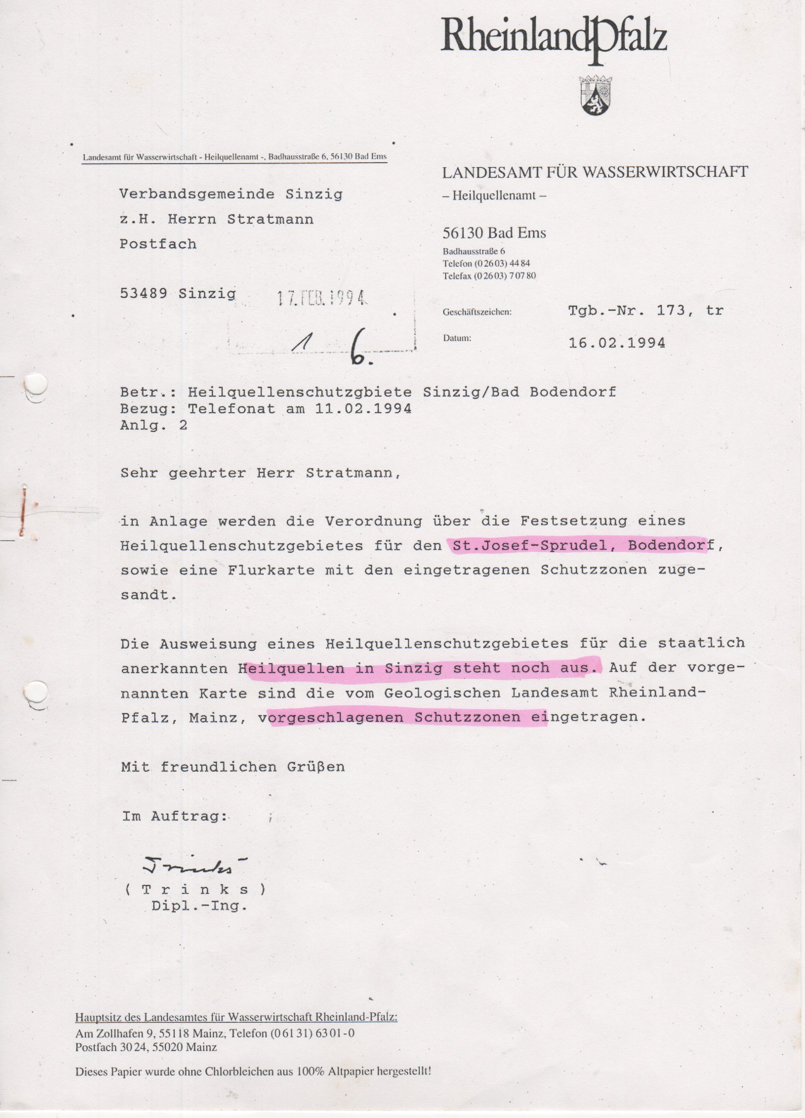 Brief zum Heilquellenschutzgebiert Bad Bodendorf (Landesamt für Wasserwirtschaft CC BY-NC-SA)