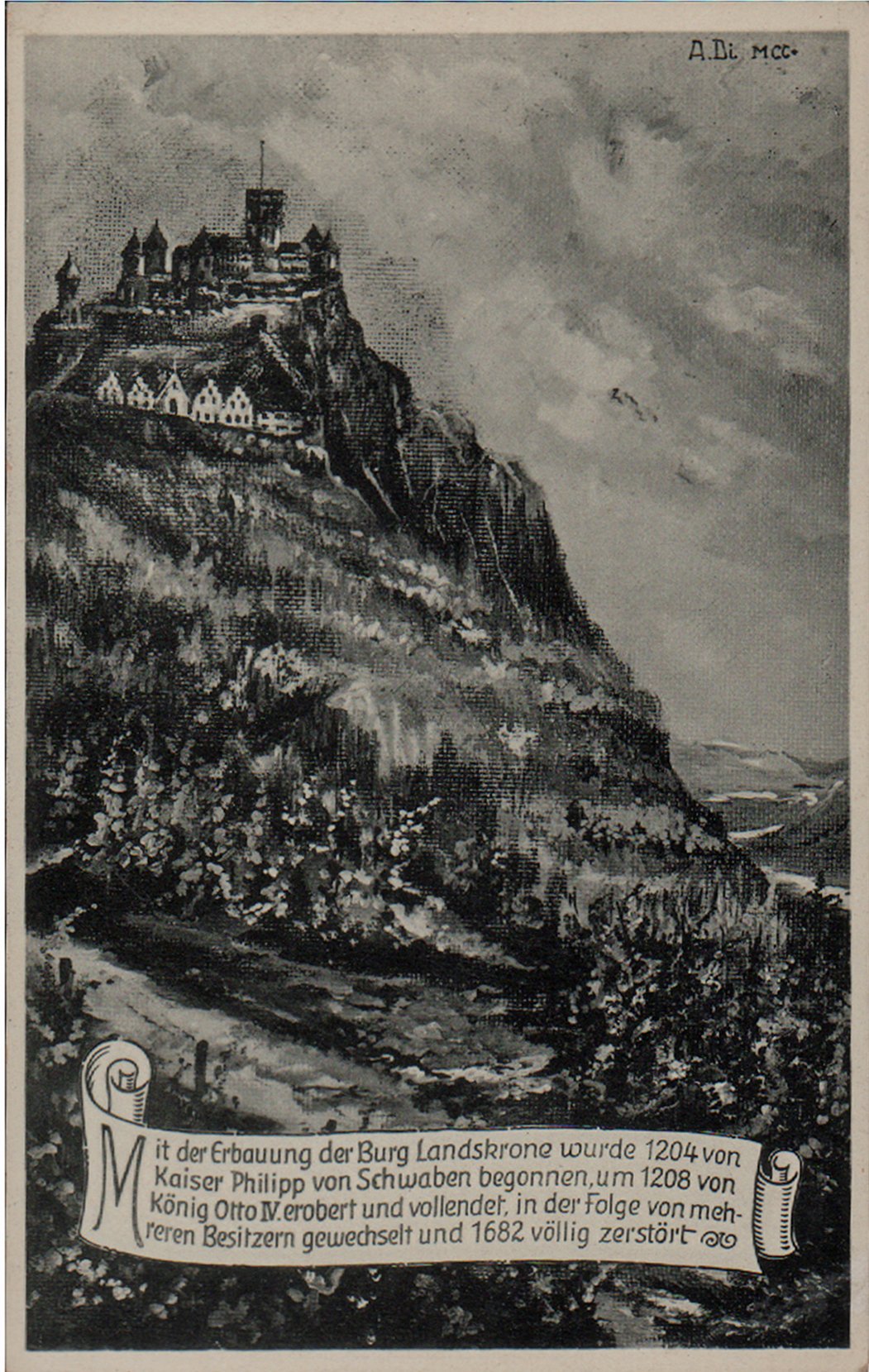 Ansichtskarte Zeichnung Burg Landskrone (Ka-Ro-Ba-Ne-Großverlag, Bad Neuenahr CC BY-NC-SA)