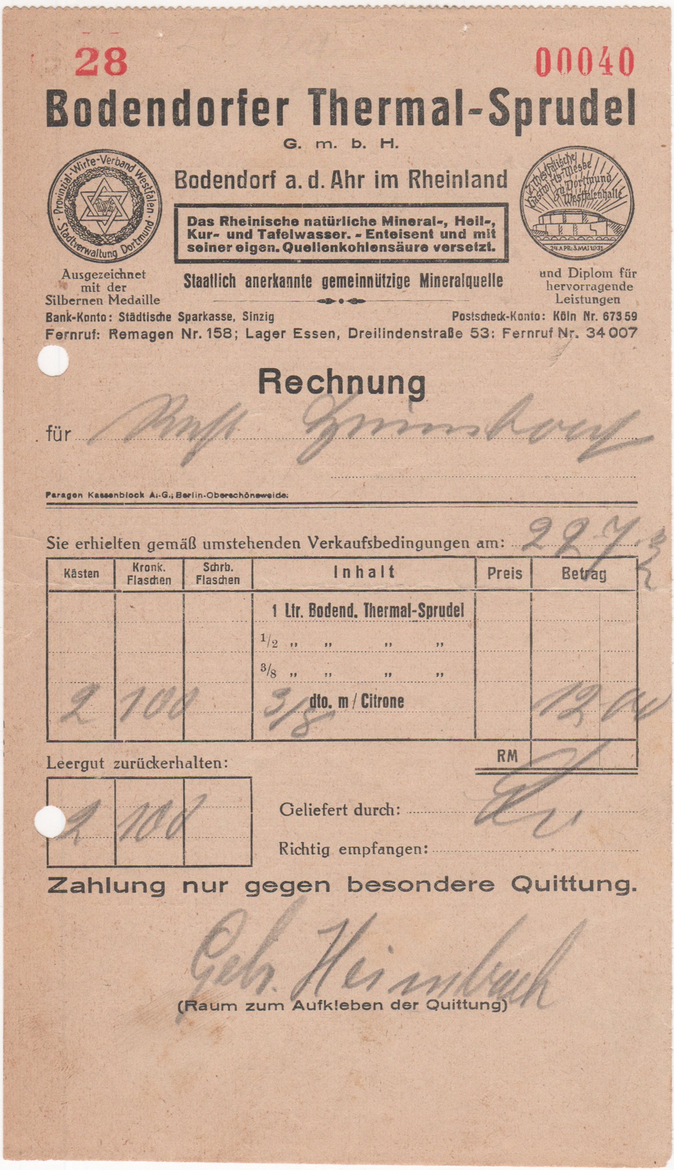 Rechnung der Bodendorfer Thermal-Sprudel Nr. 00040 (Heimatarchiv Bad Bodendorf CC BY-NC-SA)