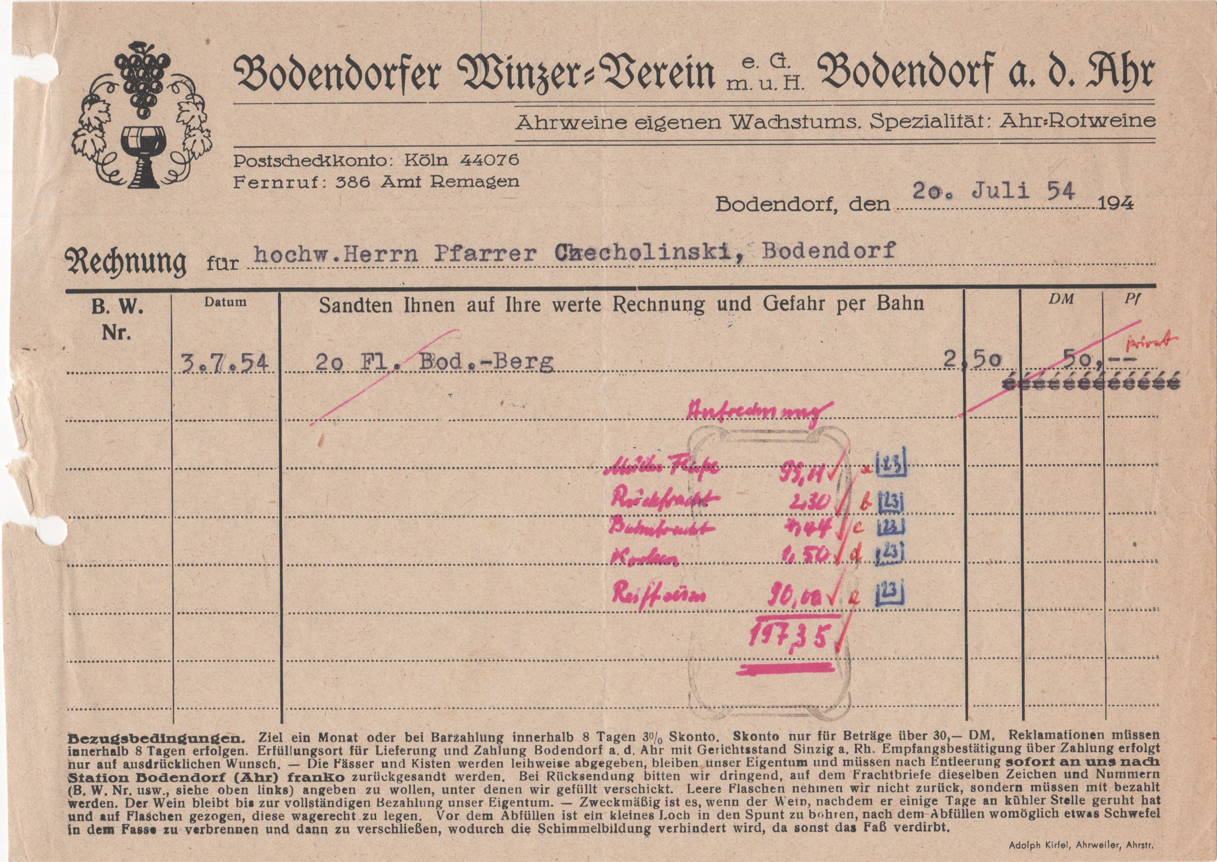 Weinrechnung des Bodendorfer Wiinzer-Verein vom 20. Juli 1954 an den Bodendorfer Pfarrer (Heimatarchiv Bad Bodendorf CC BY-NC-SA)