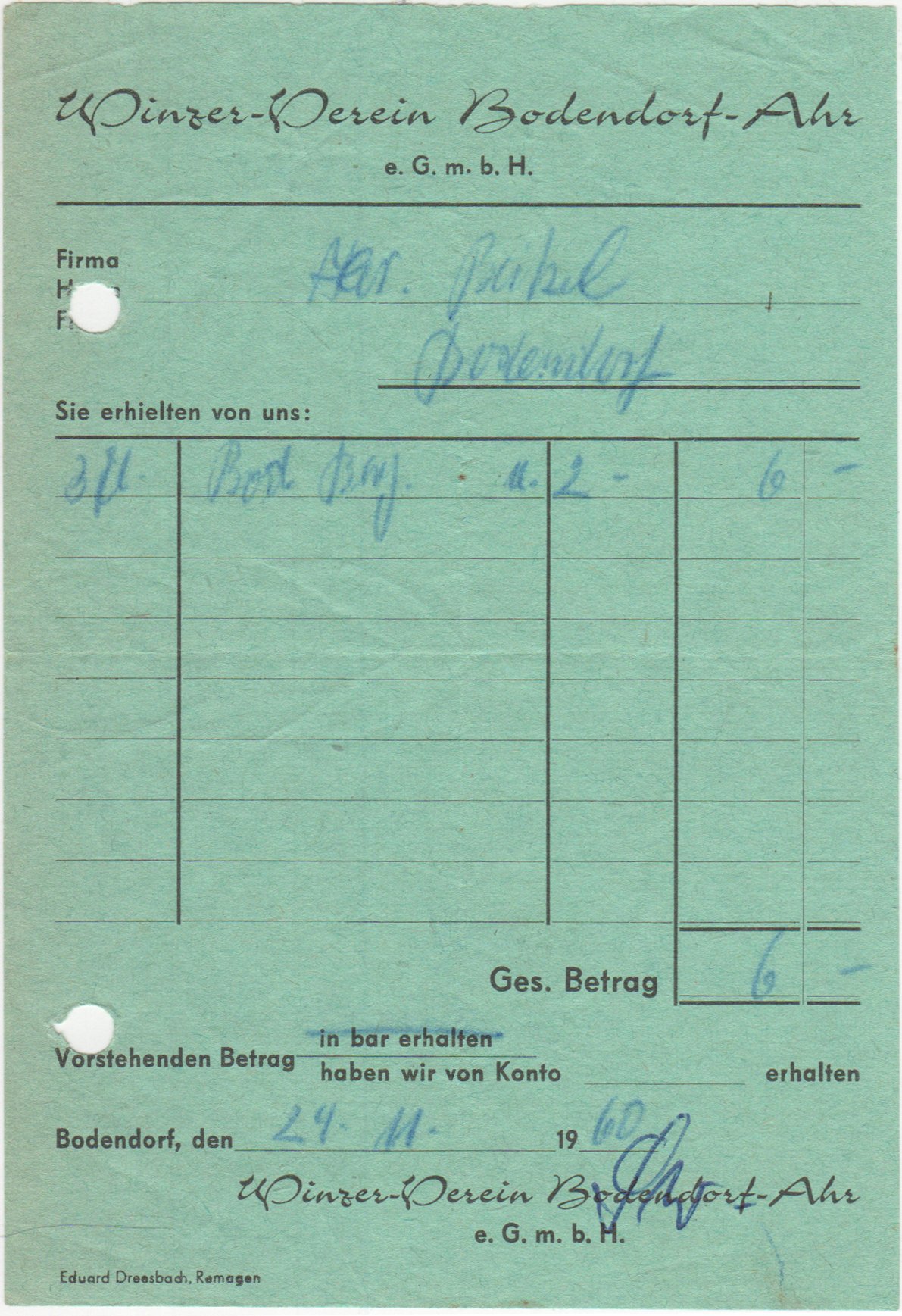 Weinrechnung des Bodendorfer Wiinzer-Verein vom 24. 11. 1960 (Heimatarchiv Bad Bodendorf CC BY-NC-SA)