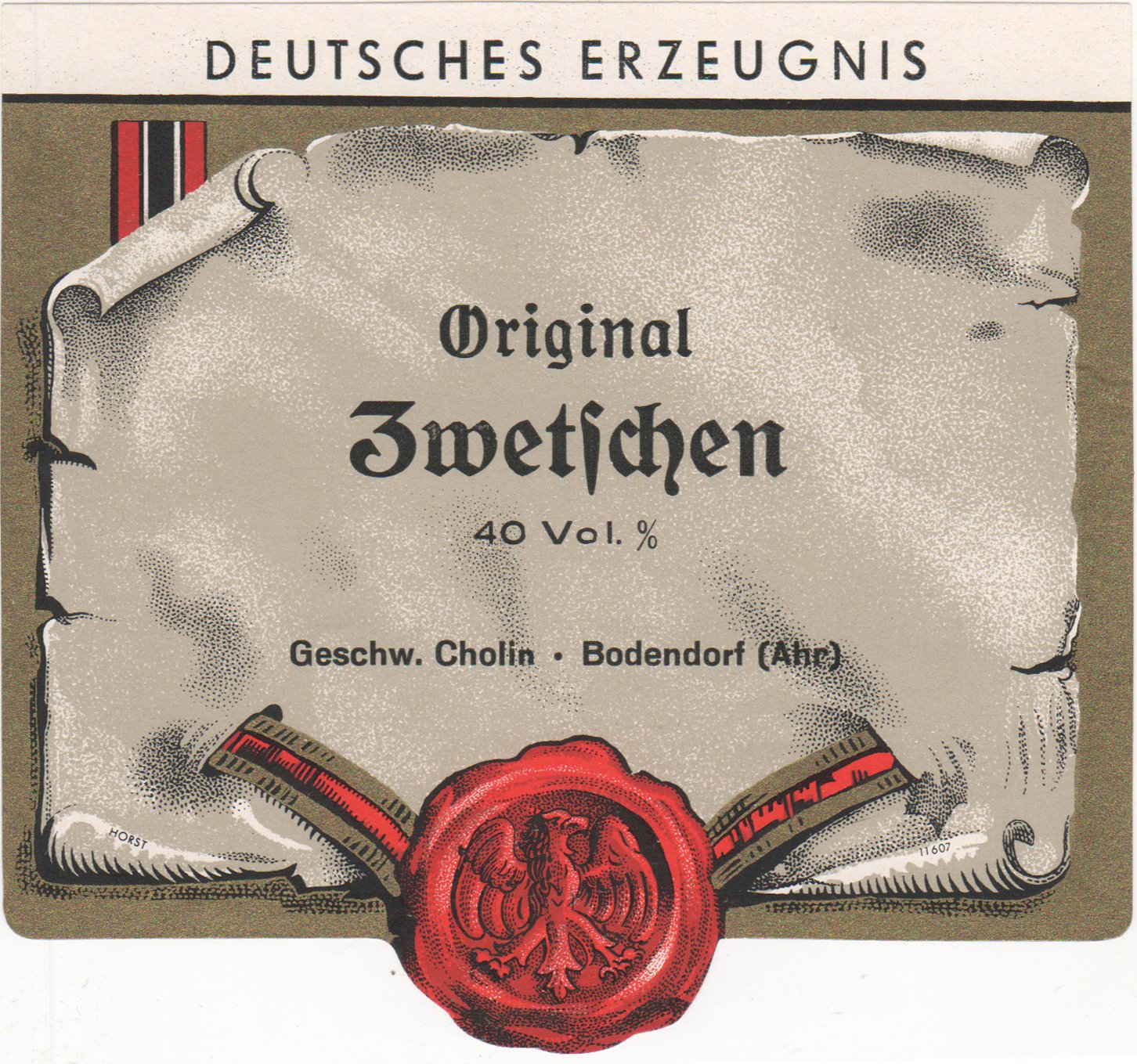 Flaschenetikett des Original Zwetschen Brandes der Geschw. Cholin (Heimatarchiv Bad Bodendorf CC BY-NC-SA)