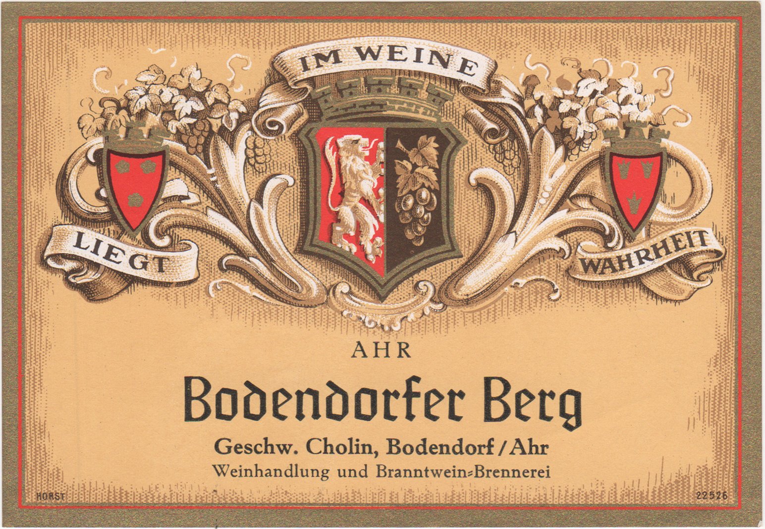 Weinflaschenetikett "Bodendorfer Berg" der Geschwister Cholin, Bodendorf/Ahr (Heimatarchiv Bad Bodendorf CC BY-NC-SA)
