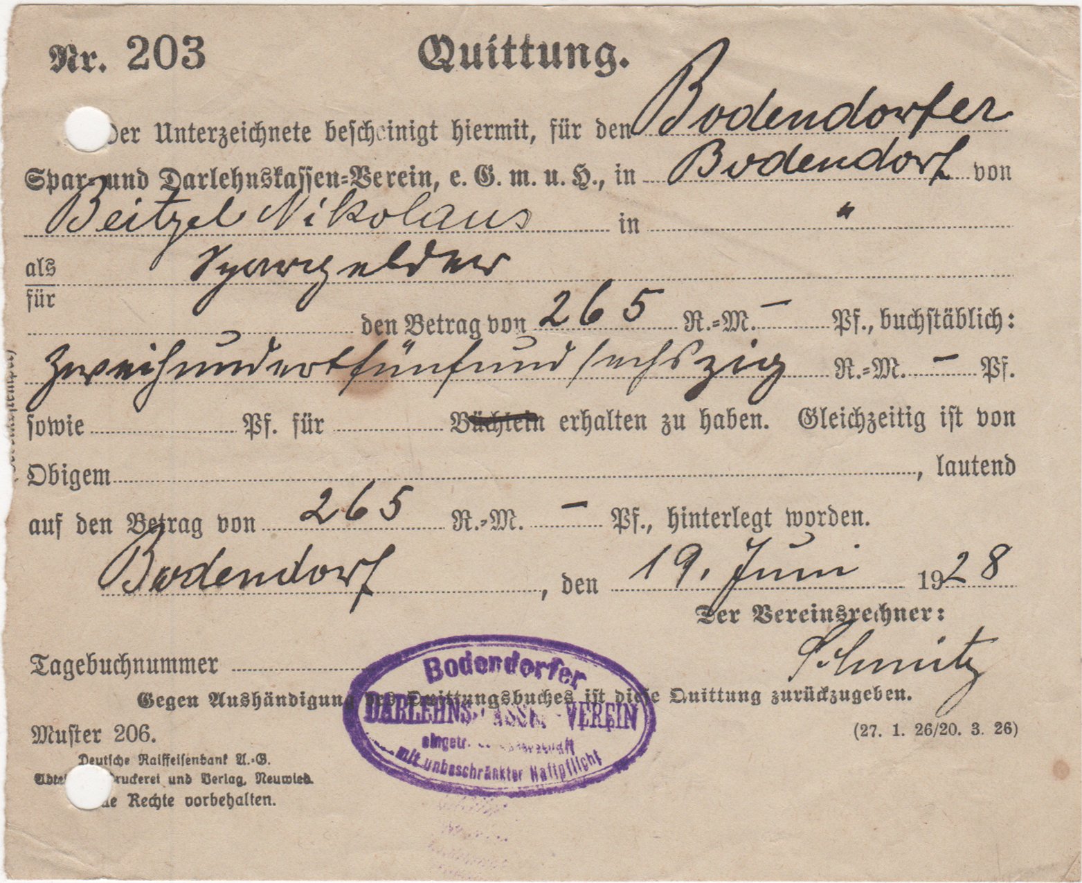 Einzahlungsbestätigung vom 19. Juni 1928 ein das Konto beim Darlehns-Kasserverein Bodendorf (Heimatarchiv Bad Bodendorf CC BY-NC-SA)