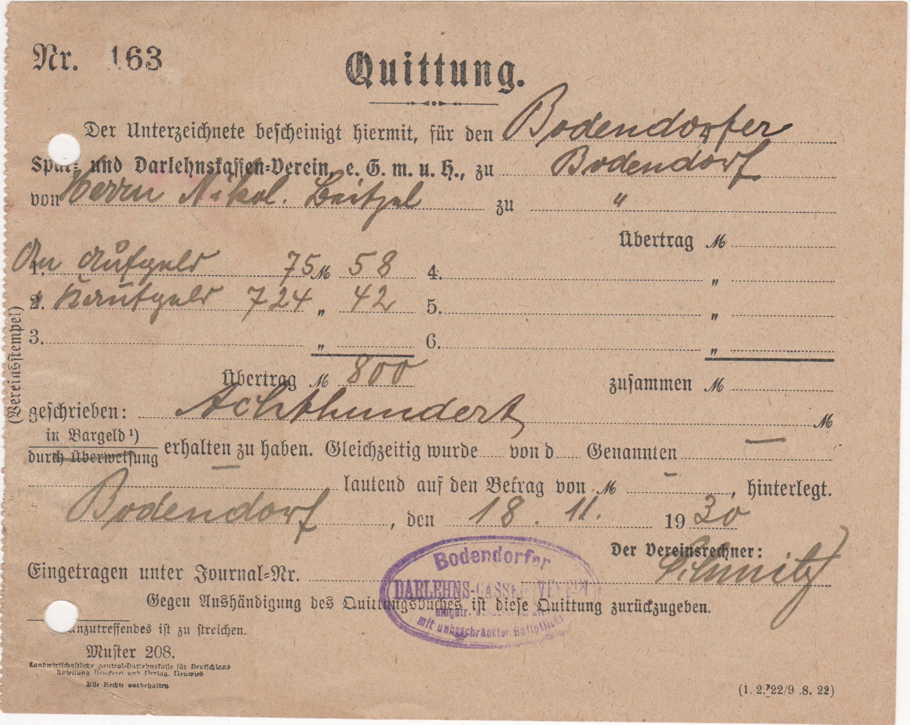 Einzahlungsbestätigung vom 18.11.1930 ein das Konto beim Darlehns-Kasserverein Bodendorf (Heimatarchiv Bad Bodendorf CC BY-NC-SA)