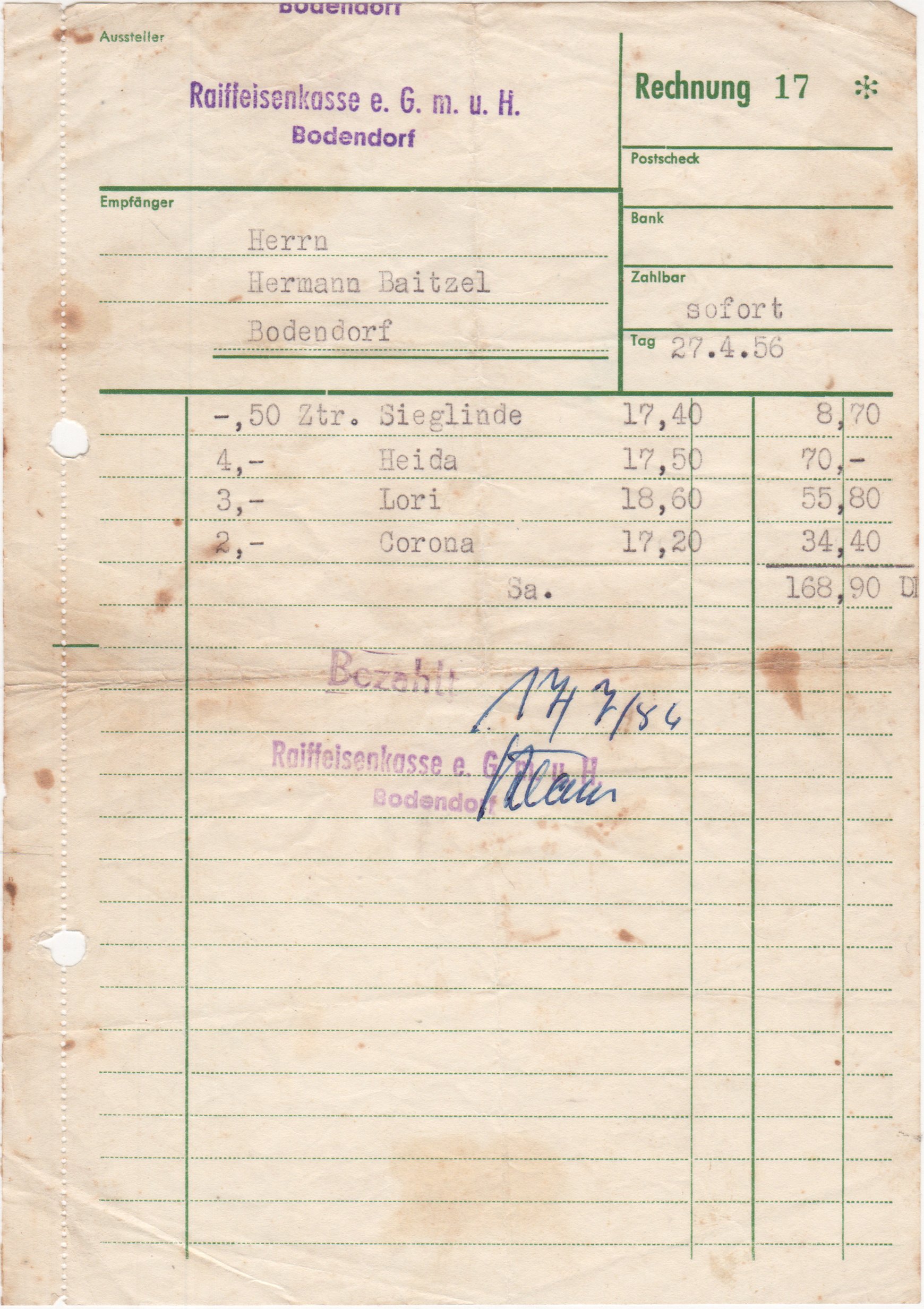 Rechnung für Setzkartoffeln vom 27.4.1956 (Heimatarchiv Bad Bodendorf CC BY-NC-SA)