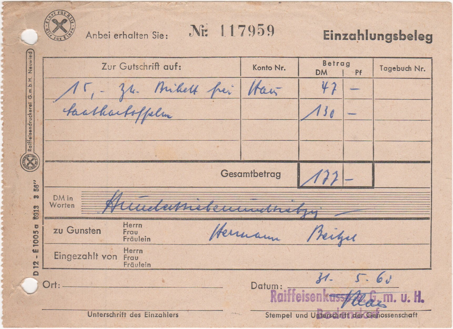 Einzahlungsbeleg der Raiffeisenkasse G.m.u.H. Bodendorf vom 31.5.1960 (Heimatarchiv Bad Bodendorf CC BY-NC-SA)