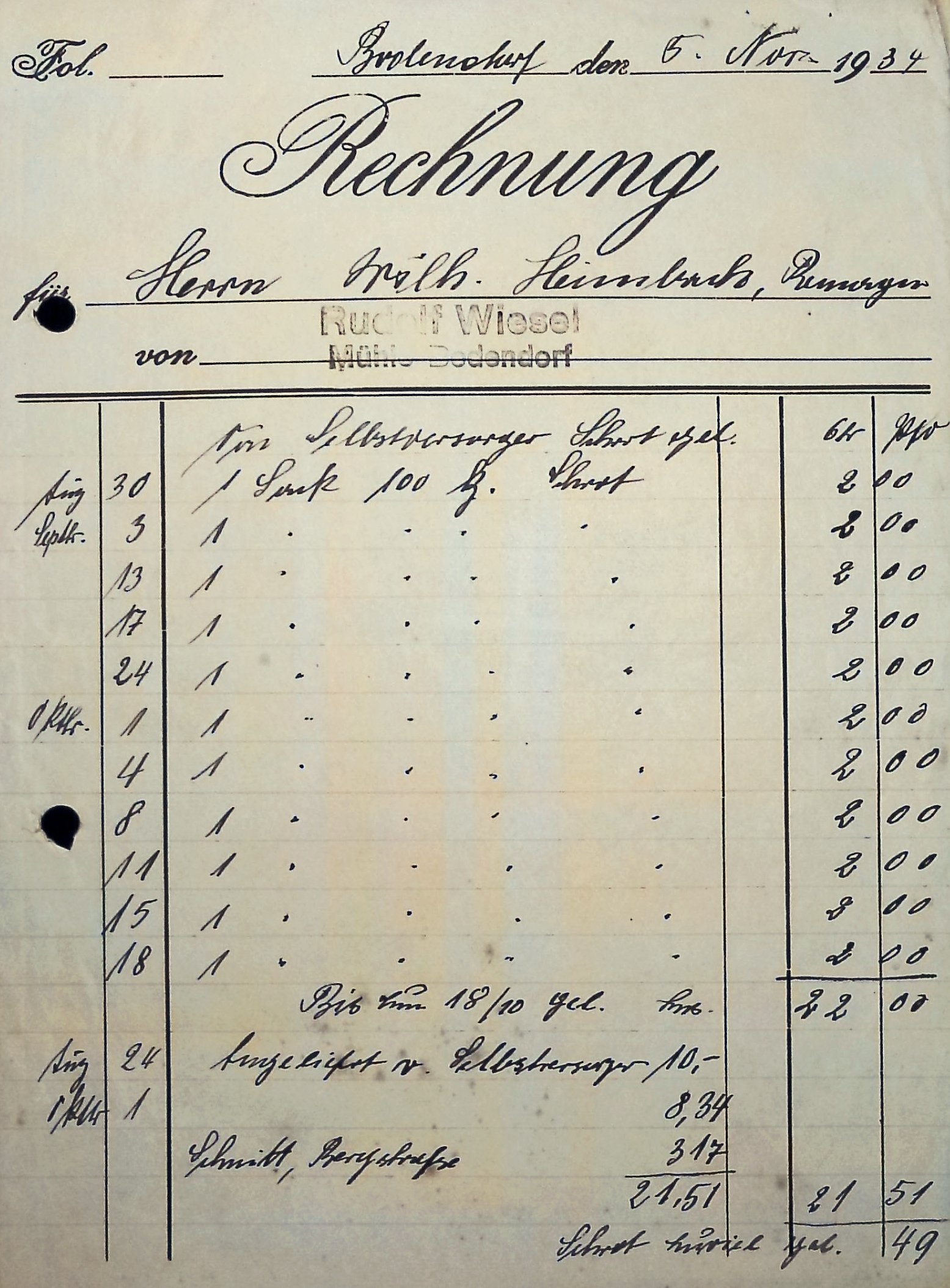Sammelrechnung für die Lieferung von Mühlenerzeugnisse der Bodendorfer Mühle vom 5.11.1934 (Heimatarchiv Bad Bodendorf CC BY-NC-SA)