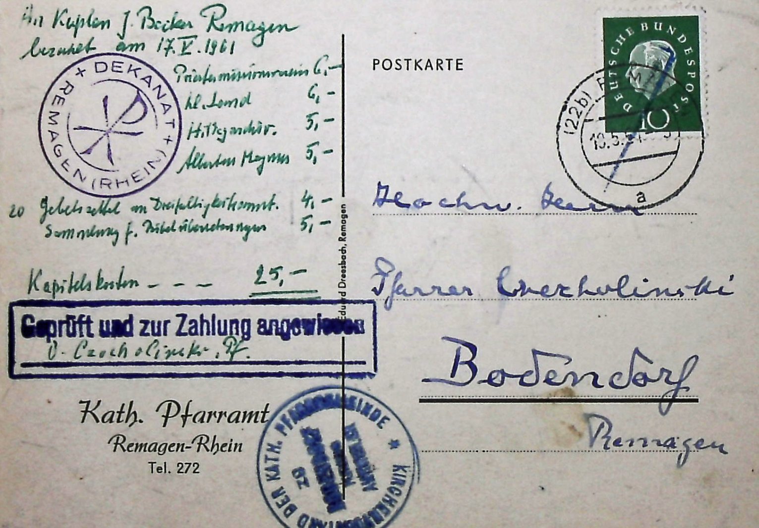 Postkarte mit handschriftlicher Zahlungsanweidung (Heimatarchiv Bad Bodendorf CC BY-NC-SA)