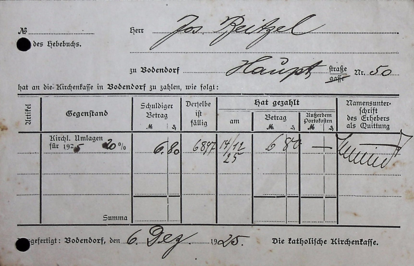 Quittung über die Zahlung der kirchlichen Umlage für 1925 an die Kirche (Heimatarchiv Bad Bodendorf CC BY-NC-SA)