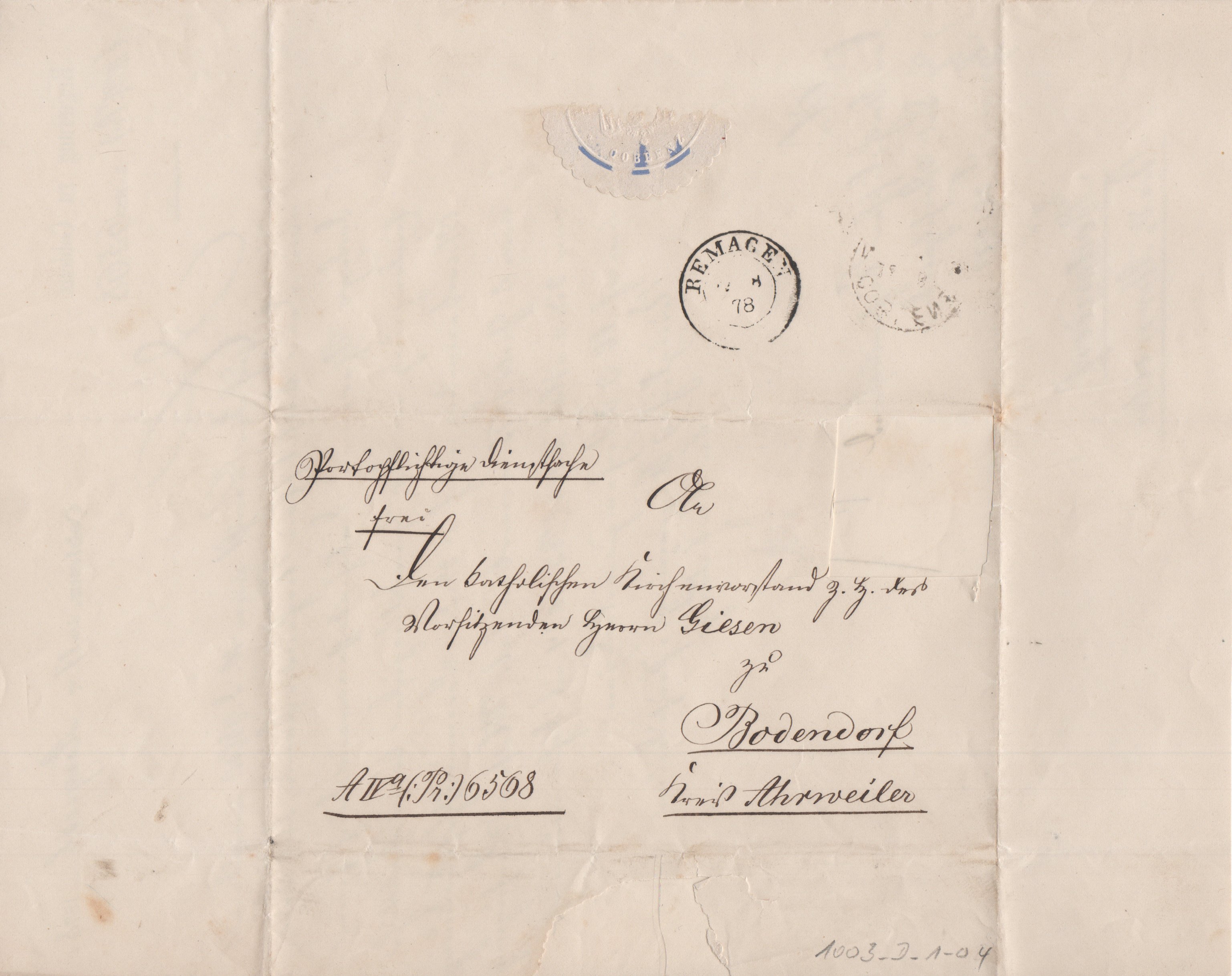 Brief der Regierung zu Koblenz von 17.August 1878 an die Pfarrgemeinschaft Bodendorf (Heimatarchiv Bad Bodendorf CC BY-NC-SA)