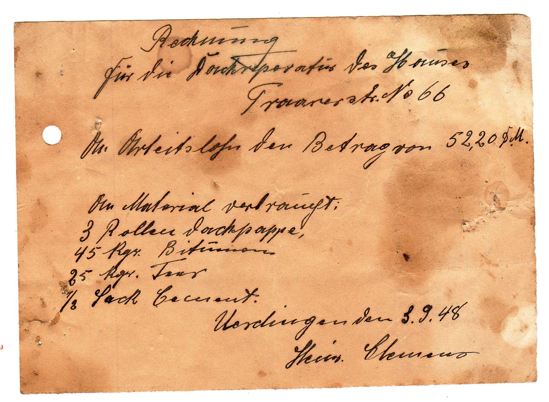 Formlose Handwerkerrechnung vom 03.09.1948 auf Papier mit Tintenstift geschrieben (Heimatarchiv Bad Bodendorf CC BY-NC-SA)