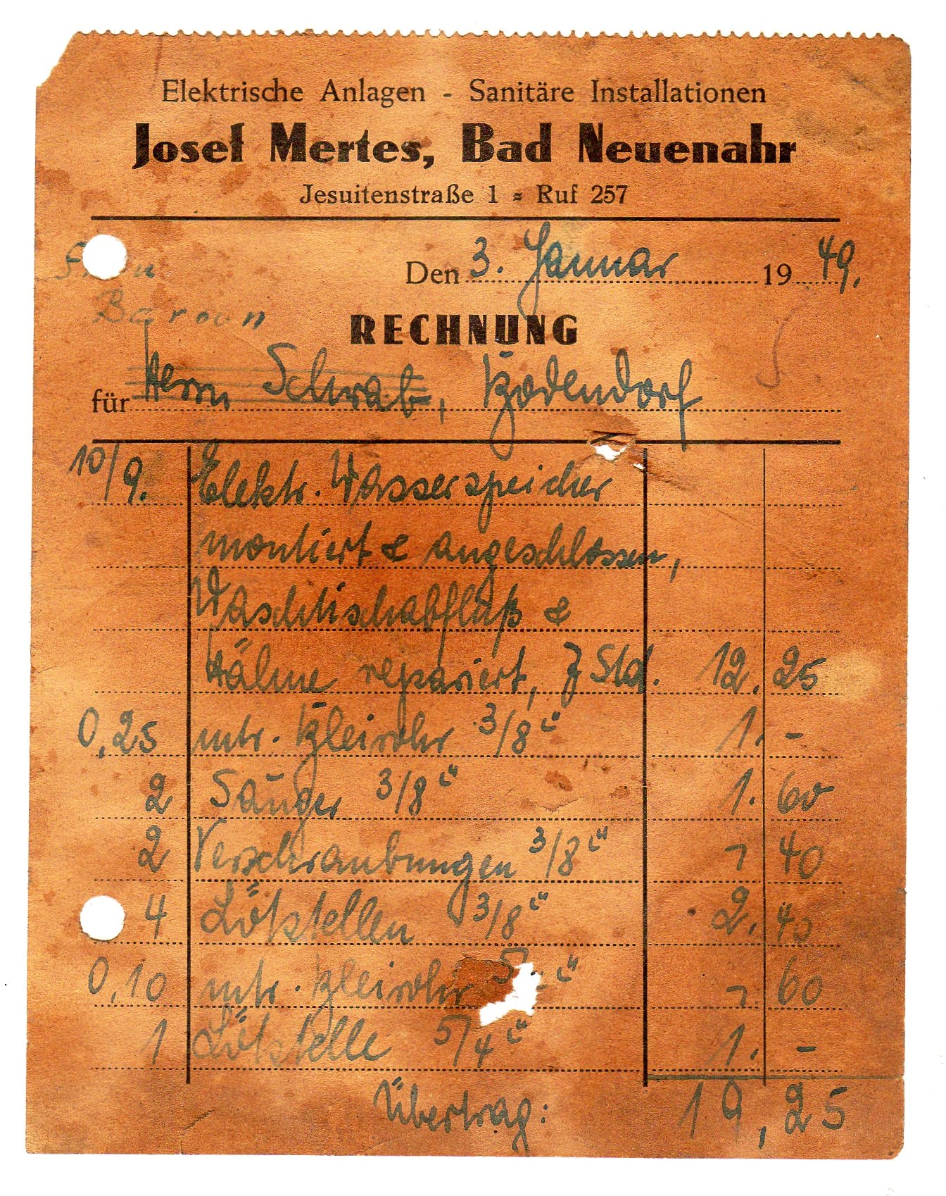 Rechnung für Elektroarbeiten vom 03.01.1949 Rechnungsvordruck mit Tintenstift geschrieben (Heimatarchiv Bad Bodendorf CC BY-NC-SA)