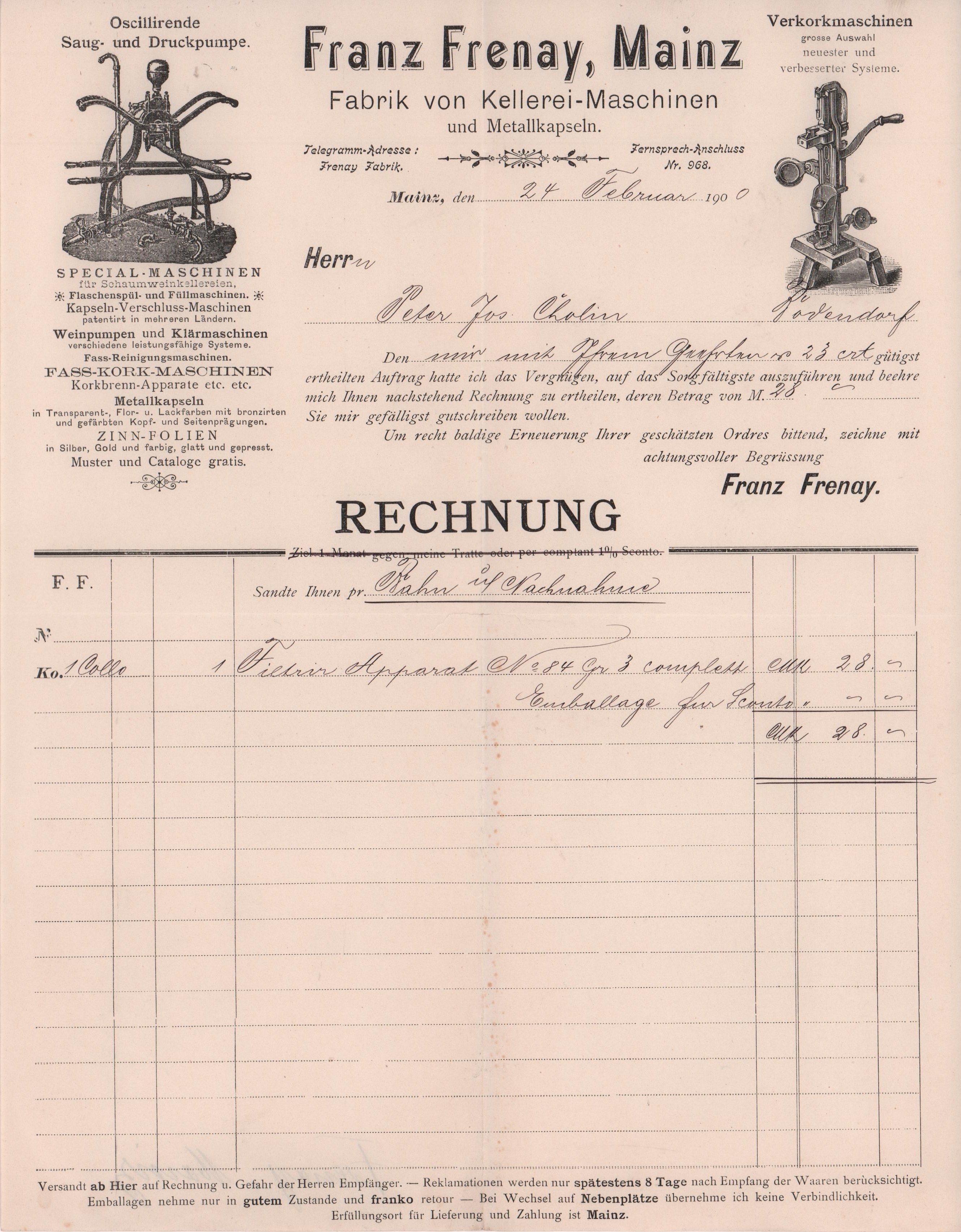 Lieferantenrechnung für einen Filterapperat von Franz Frenary in Mainz vom 24. 02. 1900 (Peter Cholin, Bad Bodendorf CC BY-NC-SA)