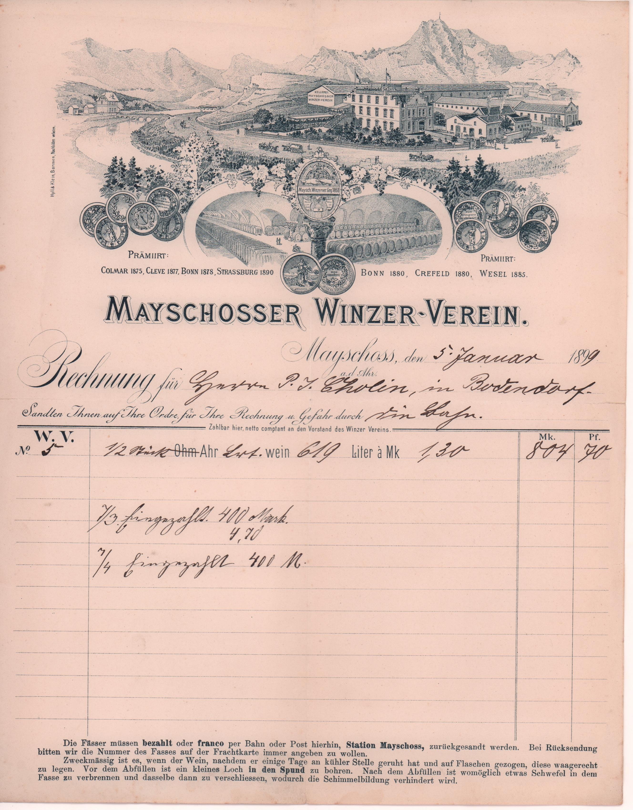Lieferantenrechnung für Wein vomMayschosser Winzer-Verein in Mayschoss vom 05.01.1899 (Heimatarchiv Bad Bodendorf CC BY-NC-SA)