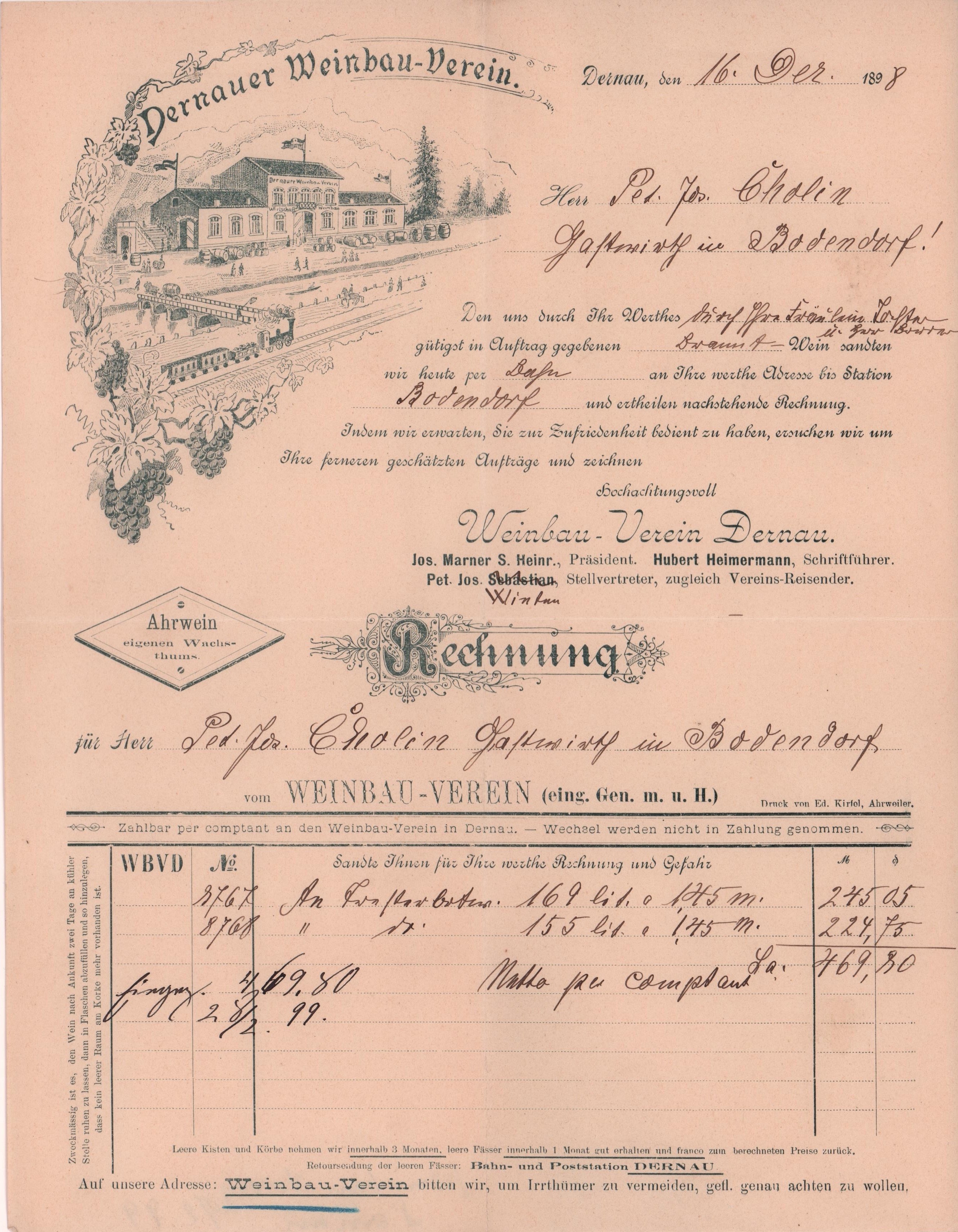 Rechnung Trester in Fässern vom Weinbau-Verein Dernau an Peter Josef Choin in Bodendorf vom 16. Dezember 1898 (Heimatarchiv Bad Bodendorf CC BY-NC-SA)