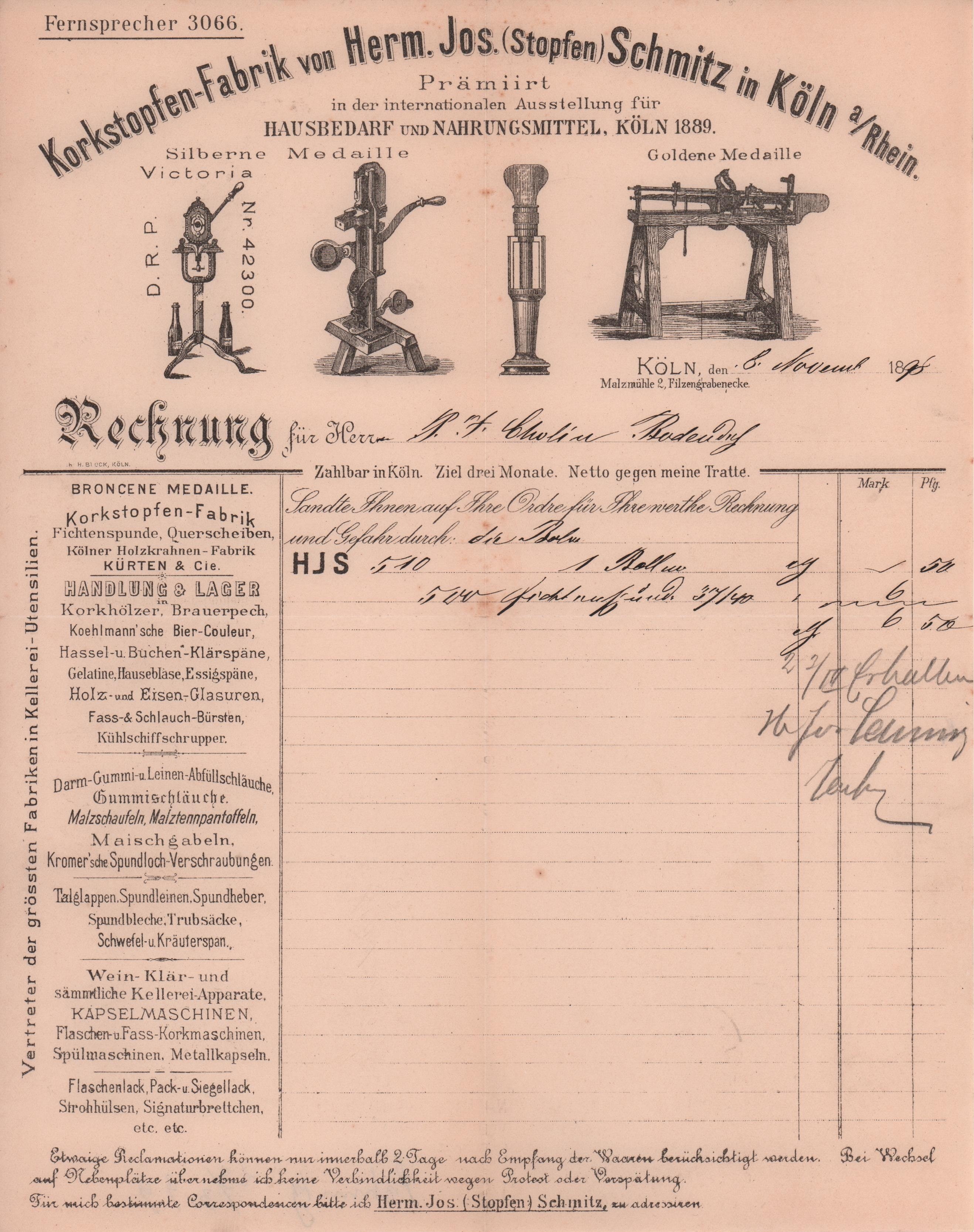 Rechnung der Korkenstopfen Fabrik Schmitz in Köln vom 8. November 1898 (Heimatarchiv Bad Bodendorf CC BY-NC-SA)