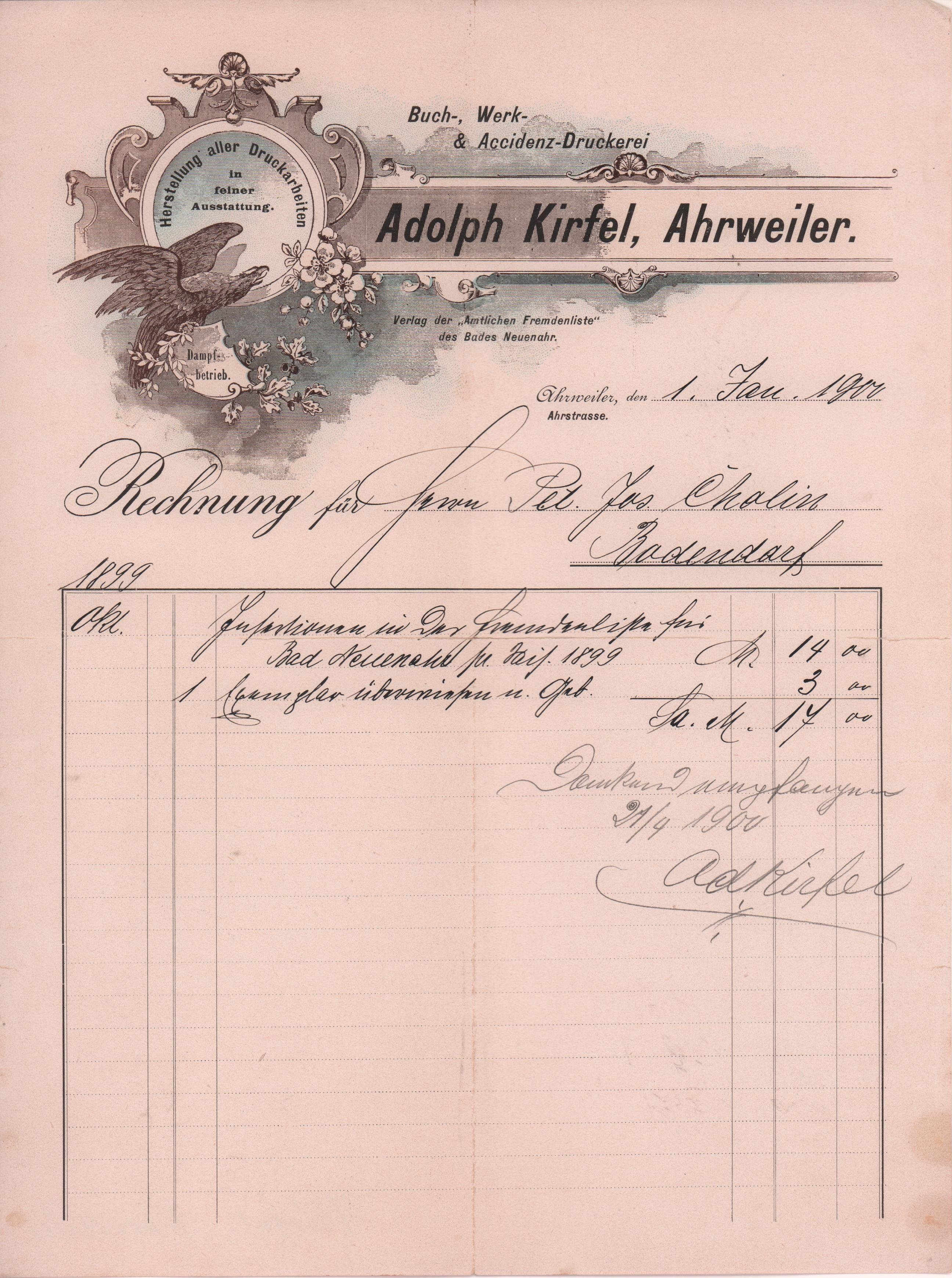 Rechnung der Buch-, Werk- und Accidenz-Druckerei Adolph Kirfel, Ahrweiler an Peter Josef Cholin vom 1 Januar 1900 (Heimatarchiv Bad Bodendorf CC BY-NC-SA)