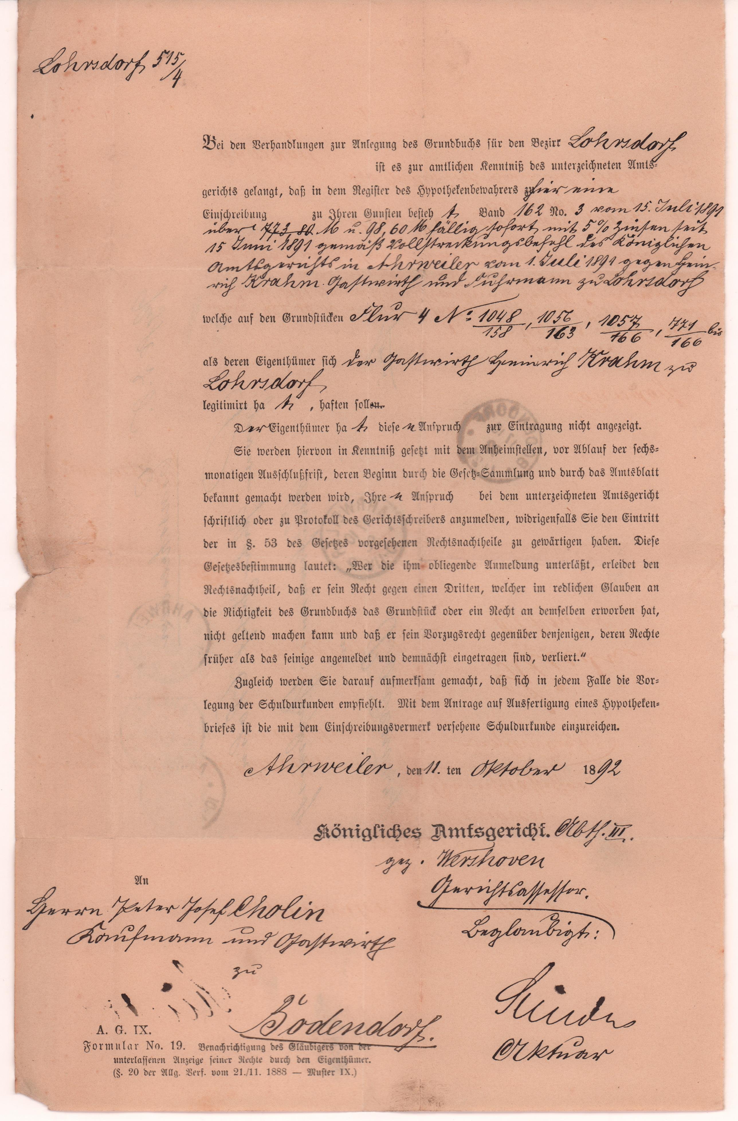 Beschluß des königlichen Amtsgericht Ahrweiler zum Grundstückskauf von Peter Josef Cholin in Lohrsorf vom 11. Oktober 1892 (Heimatarchiv Bad Bodendorf CC BY-NC-SA)