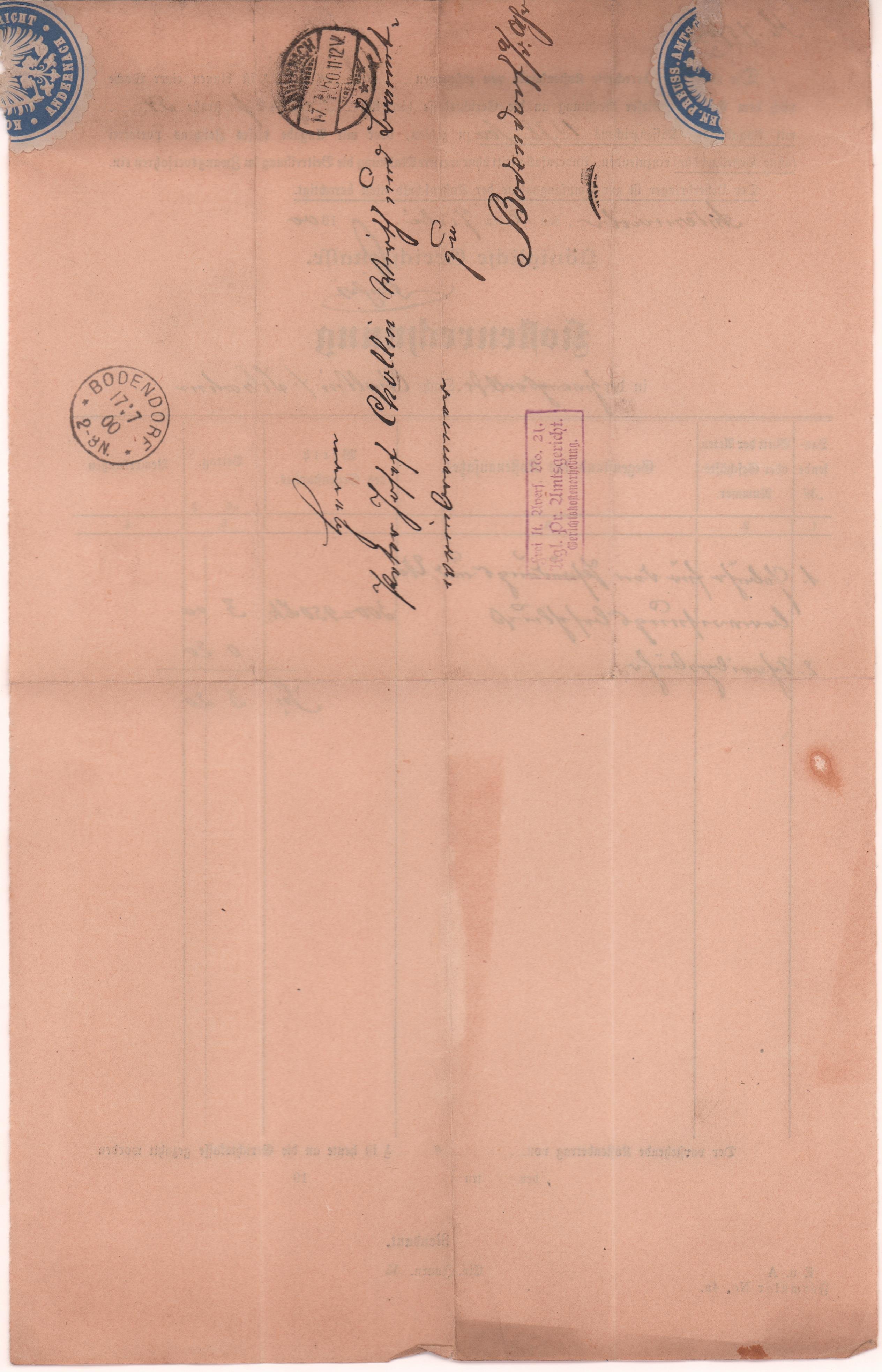 Kostenrechnung des Königlichen Amtsgerichtes Andernach in der Zwangsvollstreckungssache Cholin/Kran vom 12. Juli 1900 (Heimatarchiv Bad Bodendorf CC BY-NC-SA)