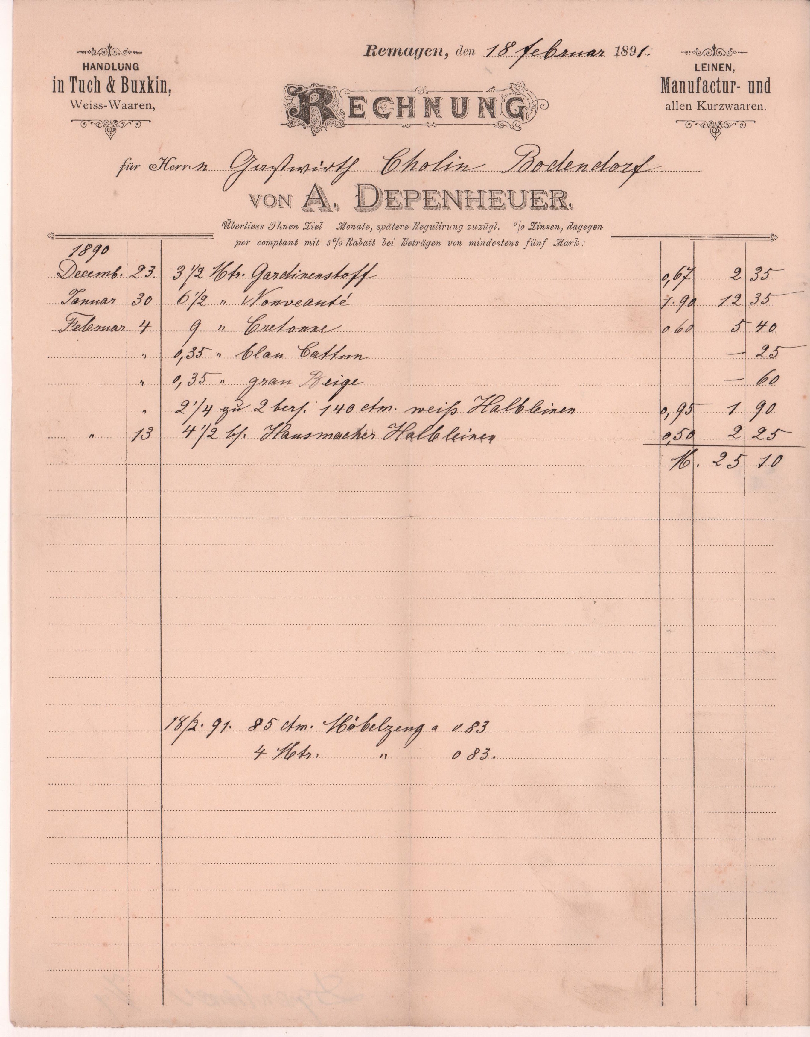 Rechnung von A. Deperheuer in Remagen vom 18. Februar 1891 an Gastwirtschaft Cholin in Bodendorf/Ahr (Heimatarchiv Bad Bodendorf CC BY-NC-SA)