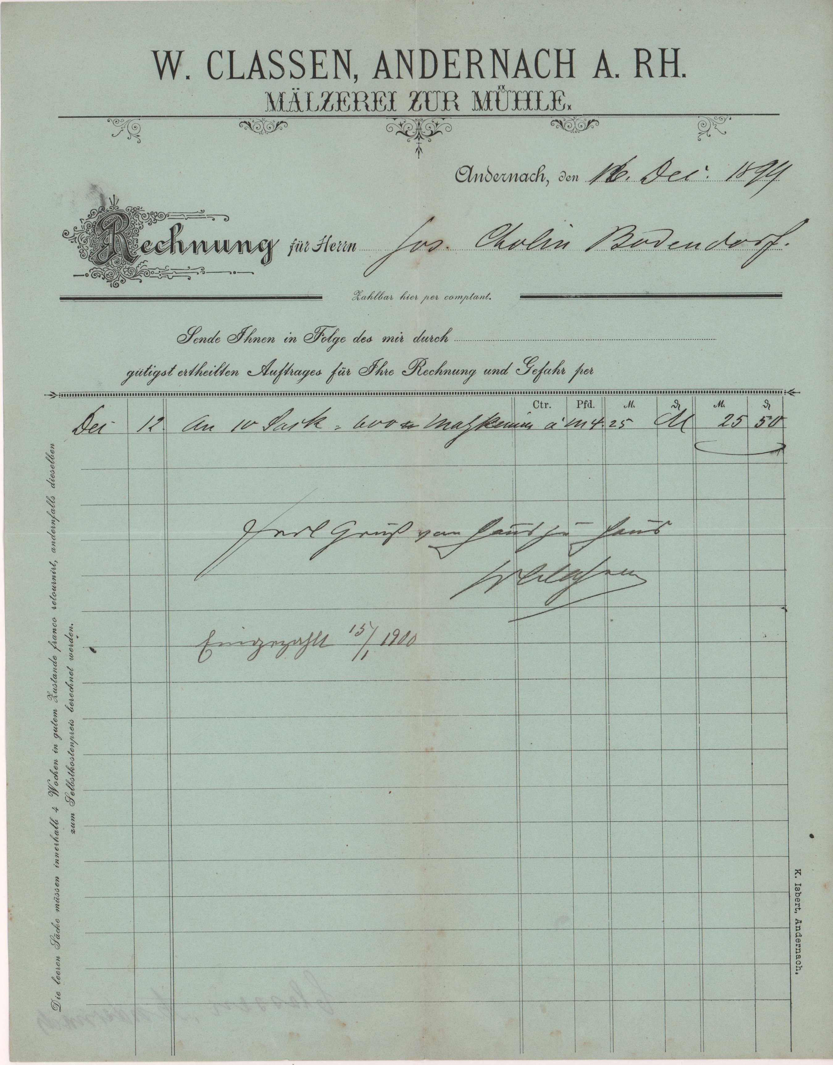 Rechnung der Mälzerei zur Mühle W. Classen in Andernach vom 16. Dezember 1899 an Gastwirtschaft Cholin in Bodendorf/Ahr (Heimatarchiv Bad Bodendorf CC BY-NC-SA)