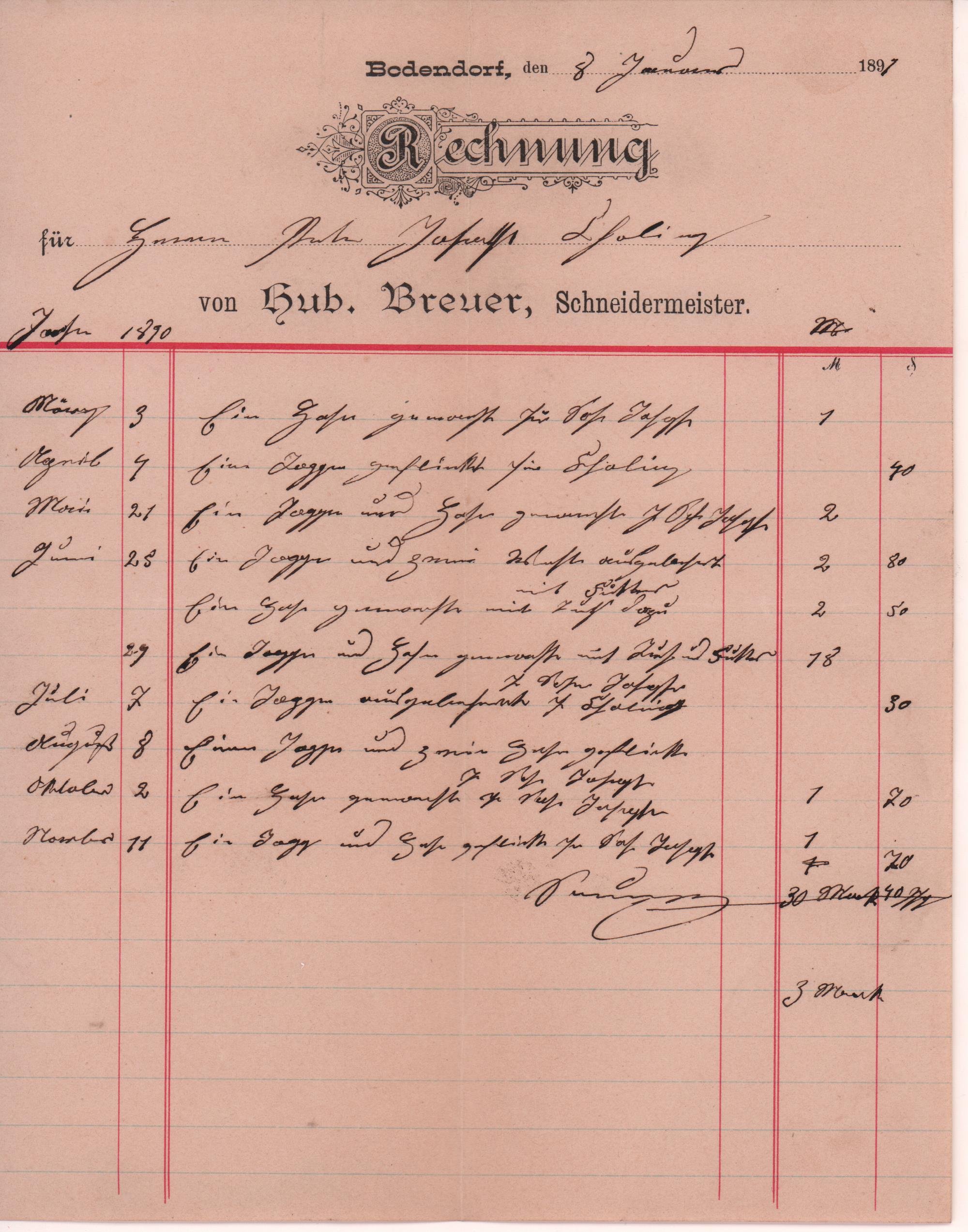 Rechnung für Schneiderarbeiten im Jahr 1890 vom 1. Januar 1891 an Peter Josef Cholin in Bodendorf/Ahr (Heimatarchiv Bad Bodendorf CC BY-NC-SA)
