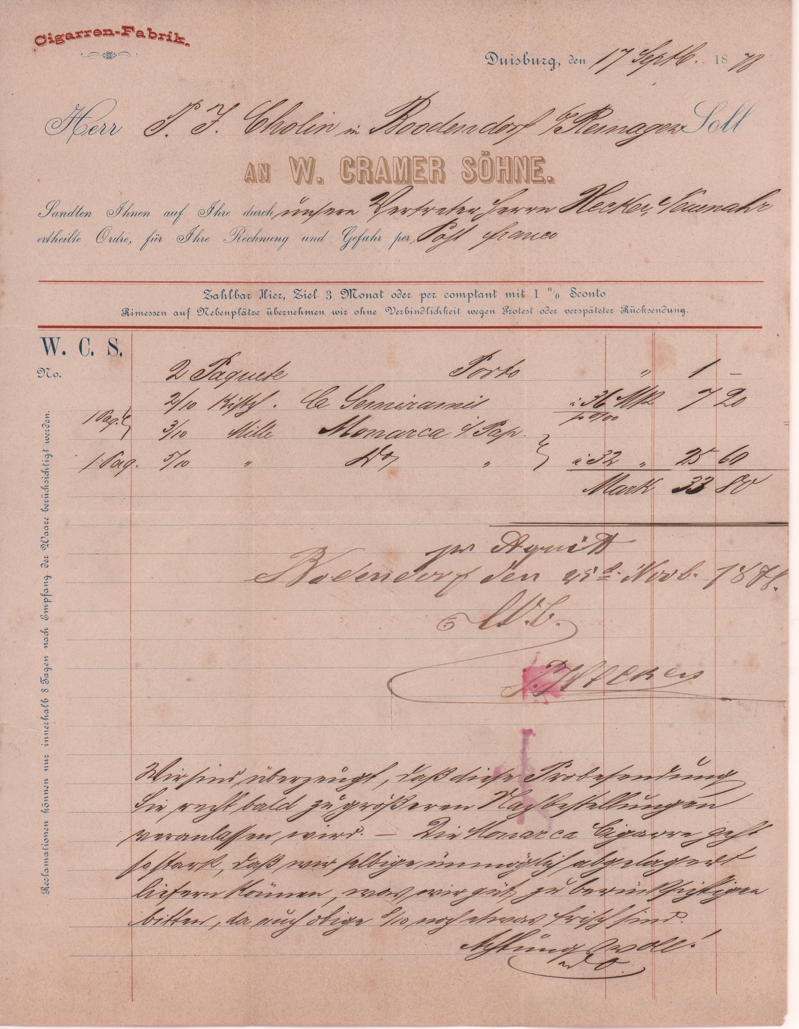 Rechnung der Cigarren-Fabrik W. Cramer Söhne vom 17. September 1878 an Peter Josef Cholin in Bodendorf/Ahr (Heimatarchiv Bad Bodendorf CC BY-NC-SA)