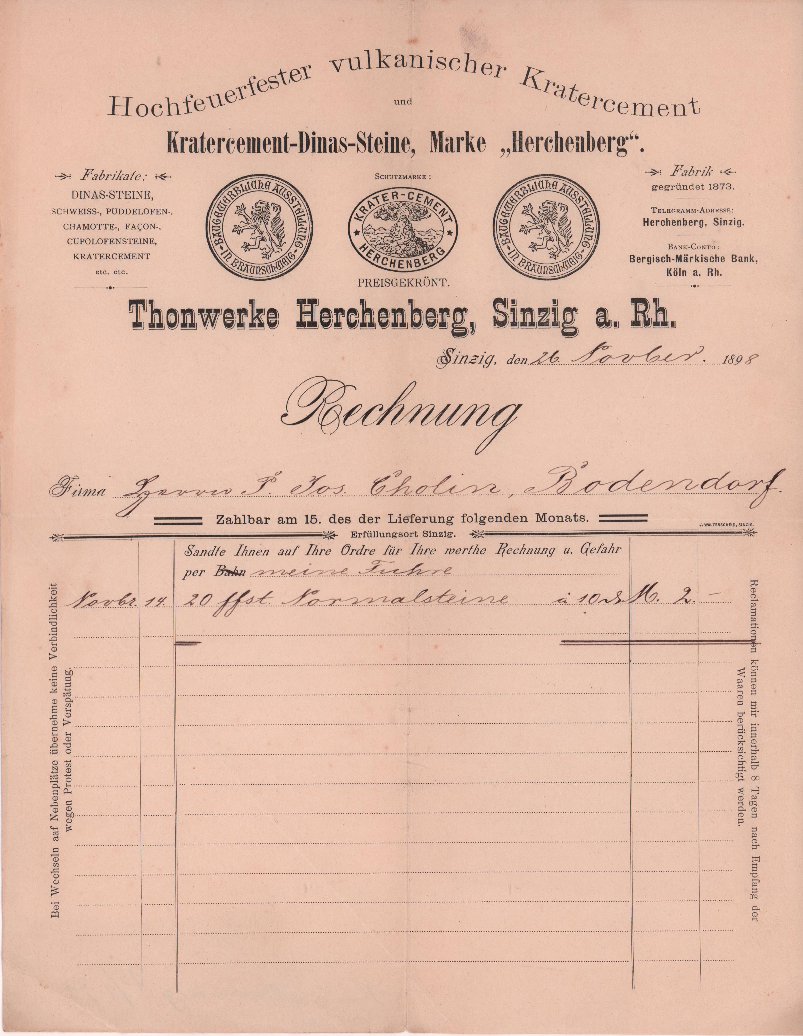 Rechnung der Thonwerke Herschenberg, Sinzig vom 26. November 1898 an Gastwirtschaft Cholin in Bodendorf/Ahr (Heimatarchiv Bad Bodendorf CC BY-NC-SA)
