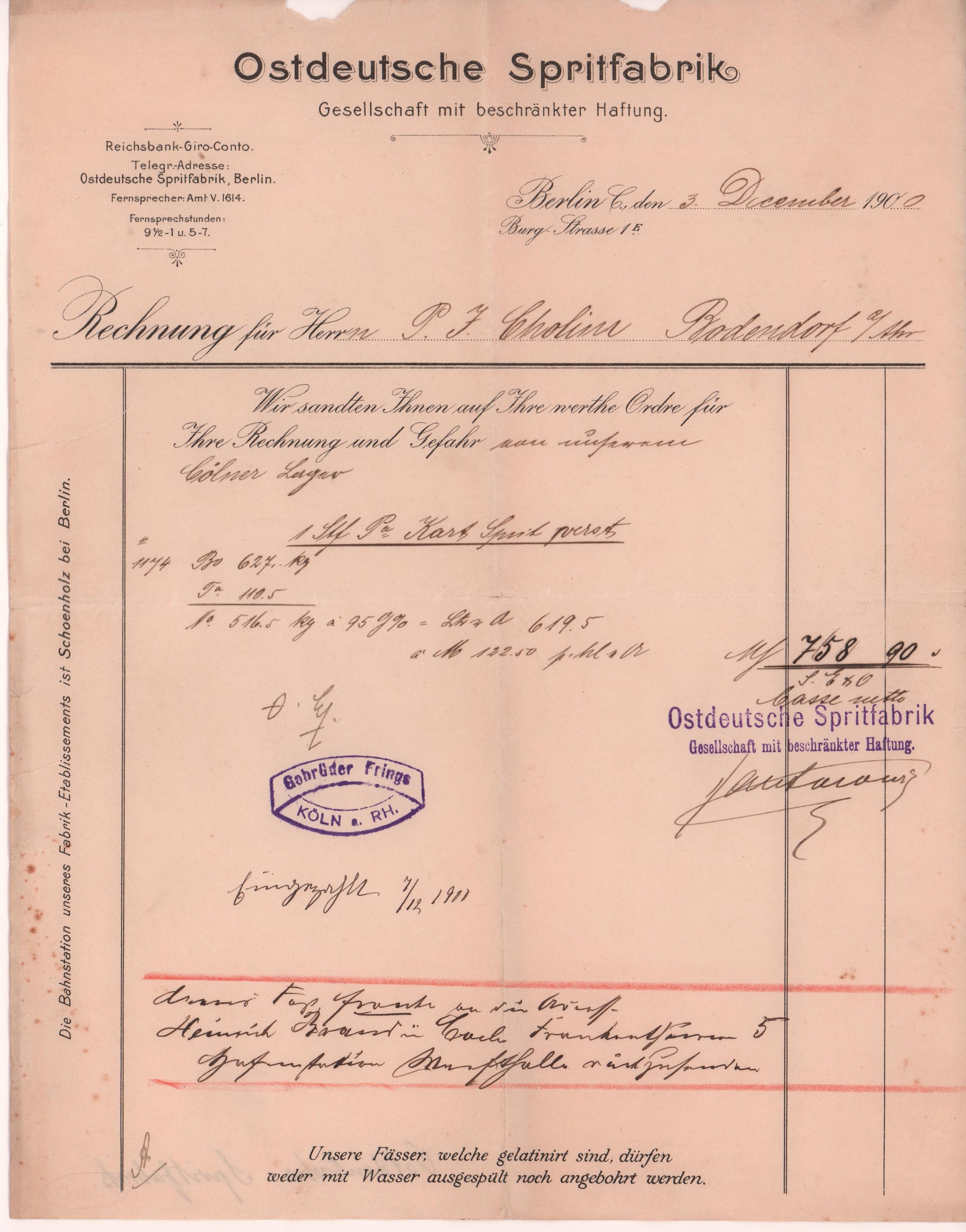 Rechnung der Ostdeutschen Spritfabrik in Berlin vom 3. Dezember 1900 an Peter Josef Cholin in Bodendorf/Ahr (Heimatarchiv Bad Bodendorf CC BY-NC-SA)