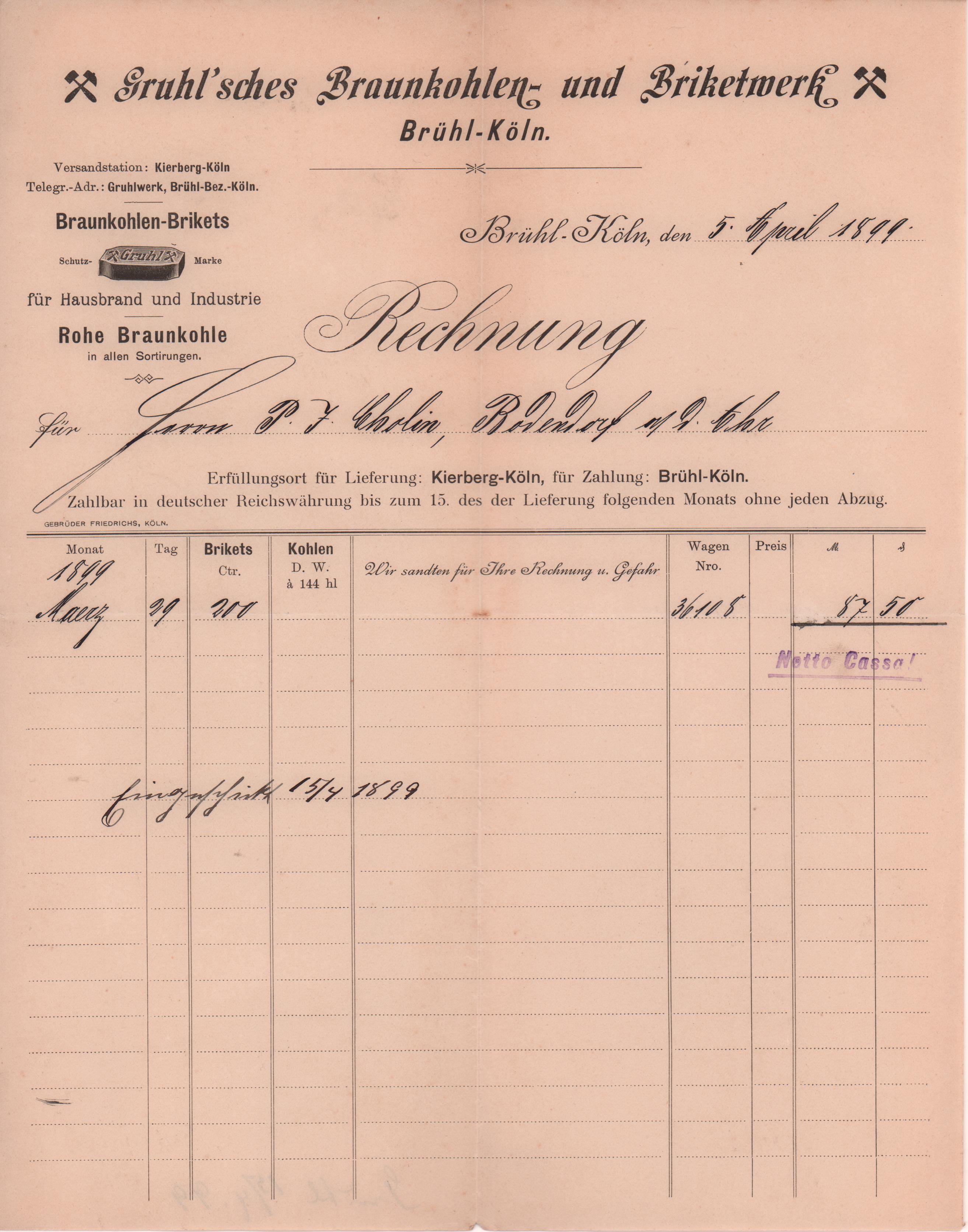 Rechnung von H. Richarz, Korn-Dampbrennerei in Siegburg vom 17. Februar 1899 an Peter Josef Cholin in Bodendorf/Ahr (Heimatarchiv Bad Bodendorf CC BY-NC-SA)