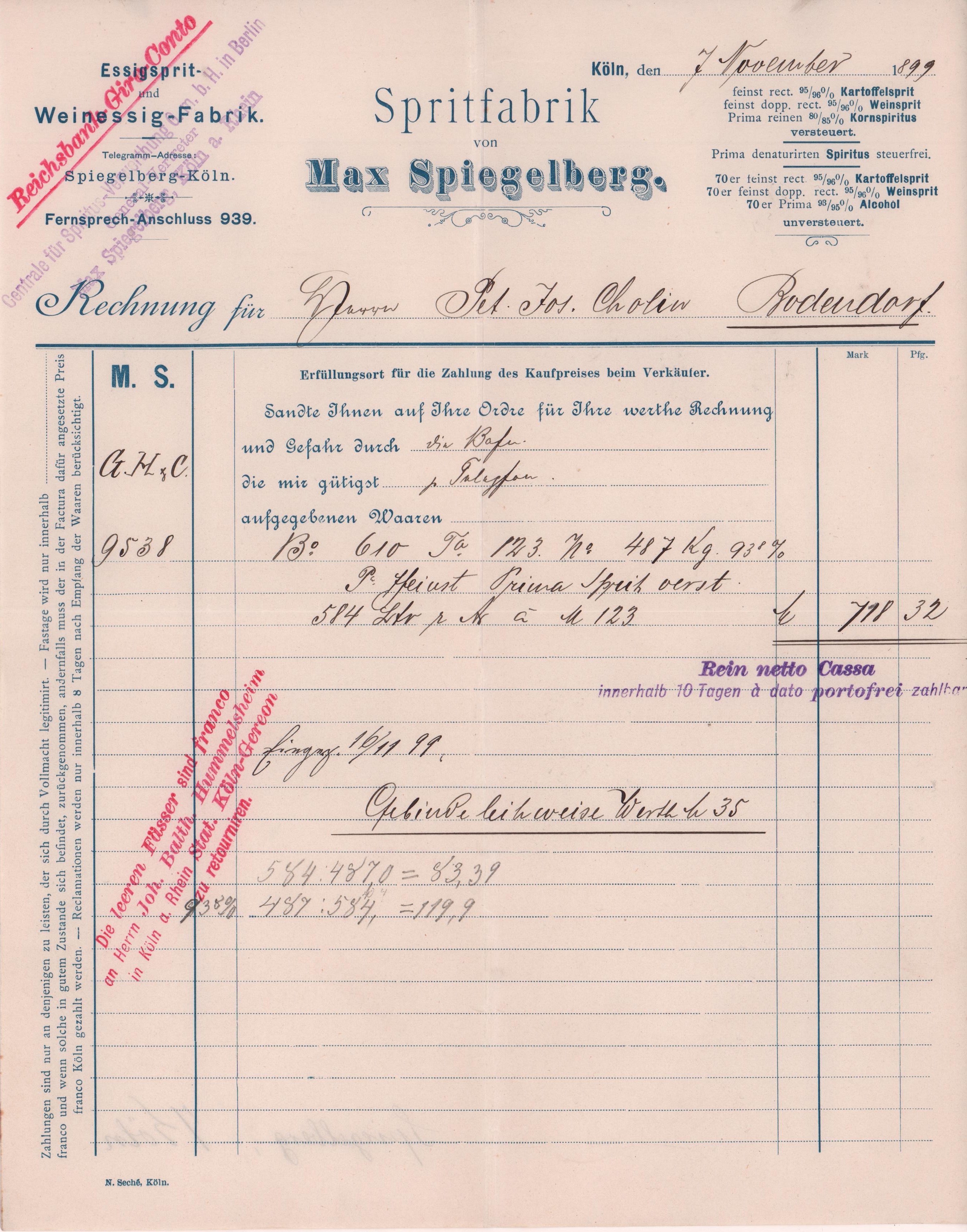 Rechnung von der Spritfabrik Max Spiegelberg vom 7. November 1899 an Peter Josef Cholin in Bodendorf/Ahr (Heimatarchiv Bad Bodendorf CC BY-NC-SA)