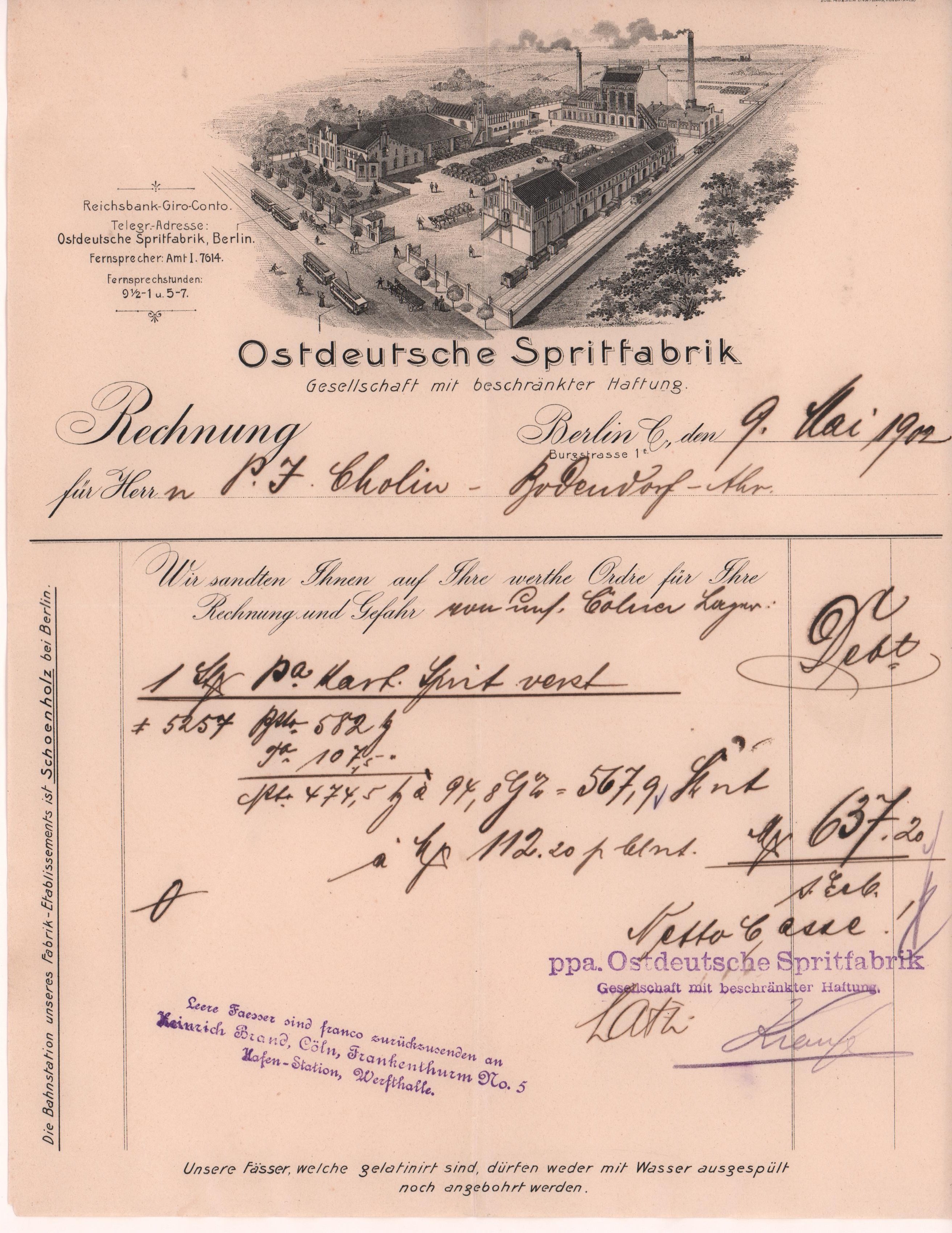 Rechnung der Ostdeutschen Spritfabrik in Berlin vom 9. Mai 1902 an Peter Josef Cholin in Bodendorf/Ahr (Heimatarchiv Bad Bodendorf CC BY-NC-SA)