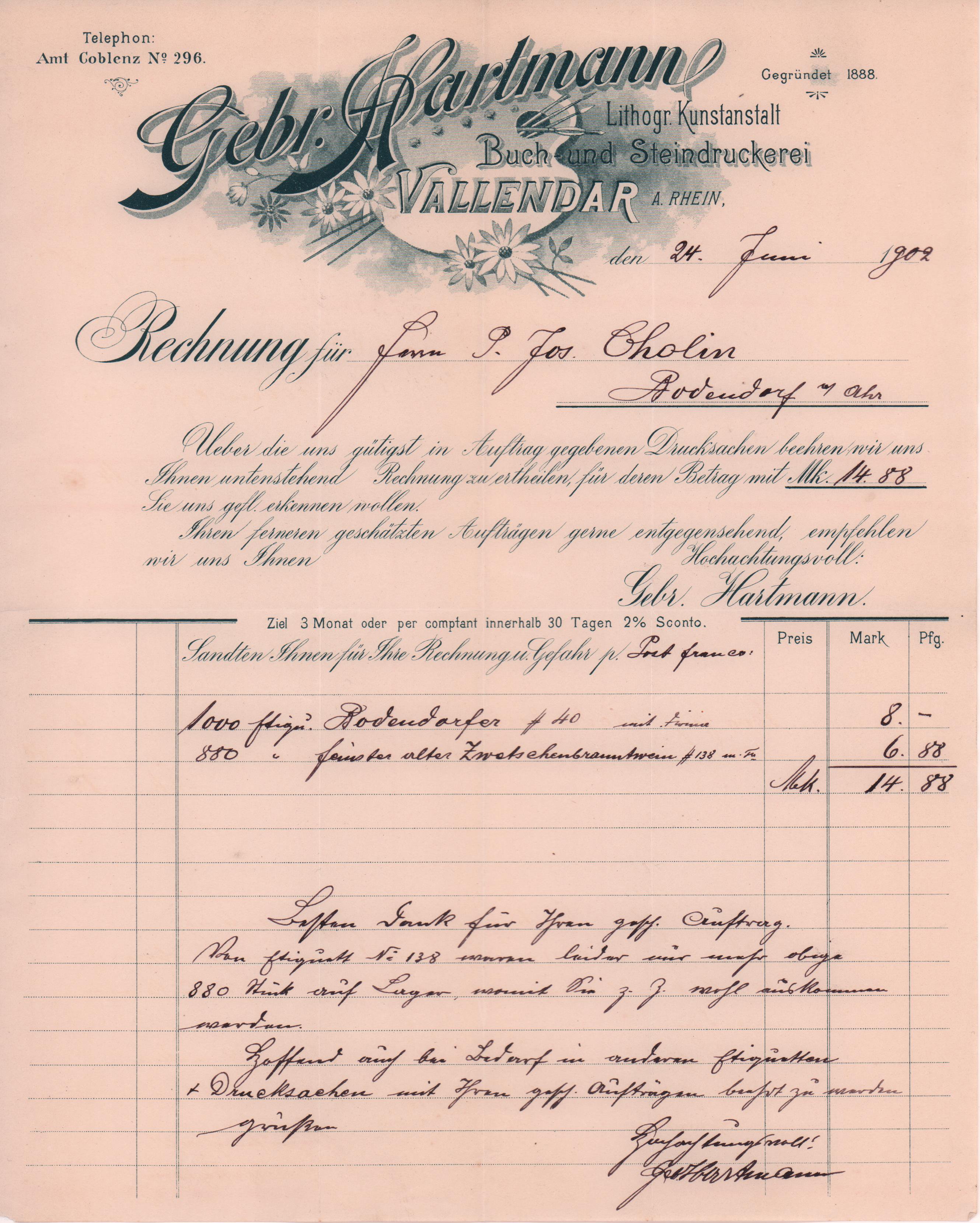 Rechnung der Gebr. Hartmann in Vallendar für Etikettendruck vom 24. Juni 1902 an Peter Josef Cholin in Bodendorf/Ahr (Heimatarchiv Bad Bodendorf CC BY-NC-SA)