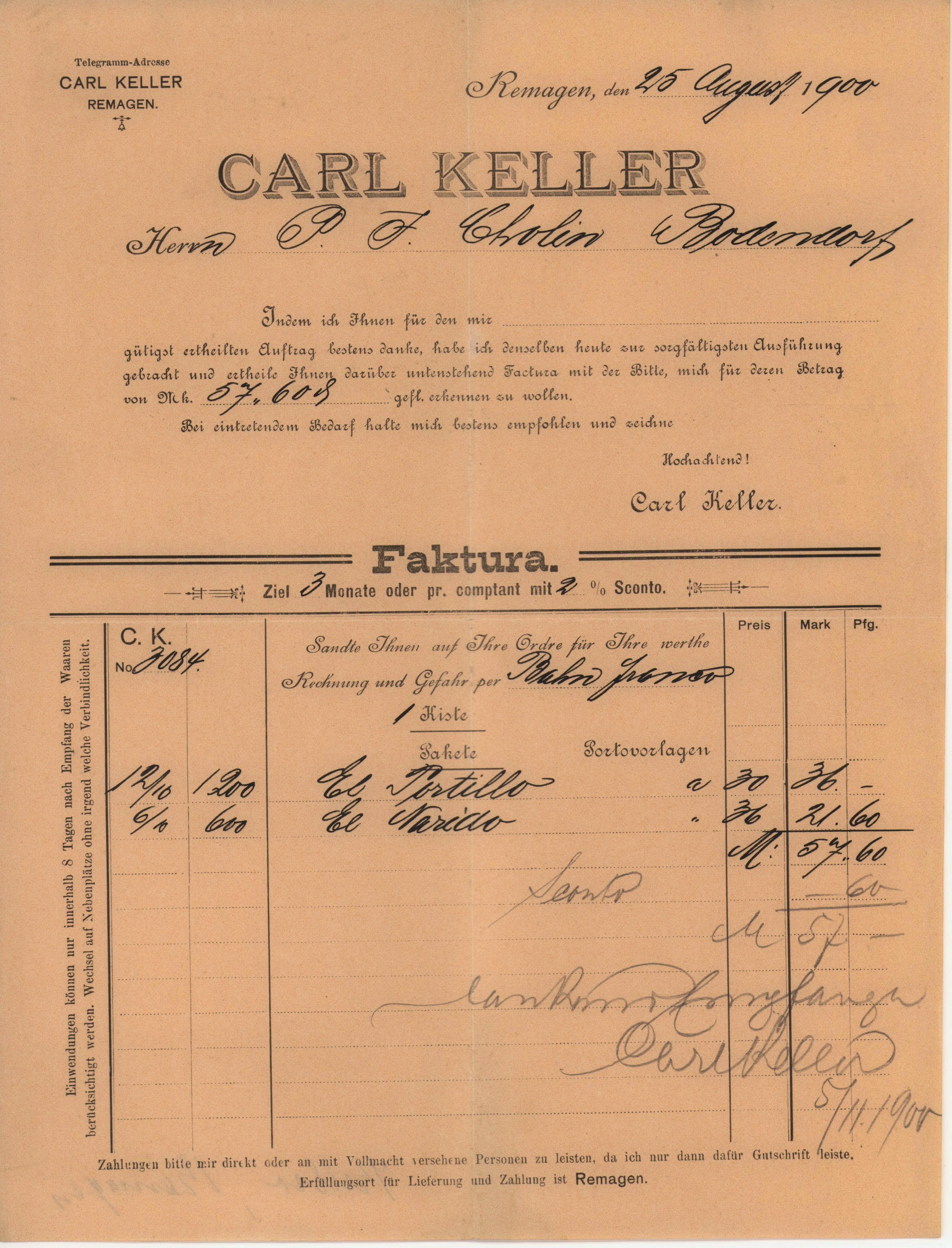 Rechnung von Carl Keller in Remagen über 57,60 Mark vom 25. August 1900 an Peter Josef Cholin in Bodendorf/Ahr (Heimatarchiv Bad Bodendorf CC BY-NC-SA)