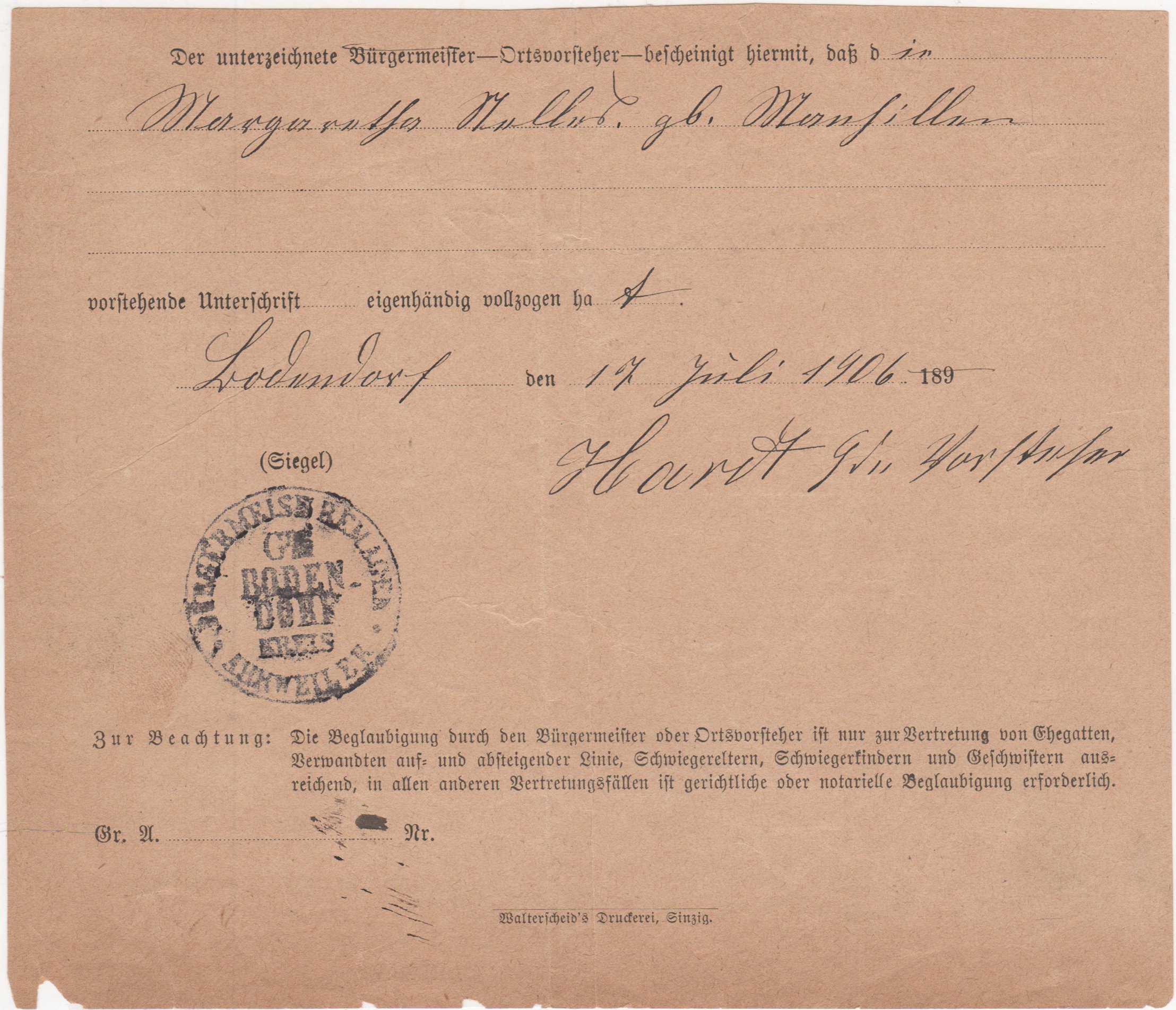 Bescheinigung vom 17. Juli 1906 des Ortsvorstehers, dass eine Unterschrift eigenhändig geleister wurde (Heimatarchiv Bad Bodendorf CC BY-NC-SA)