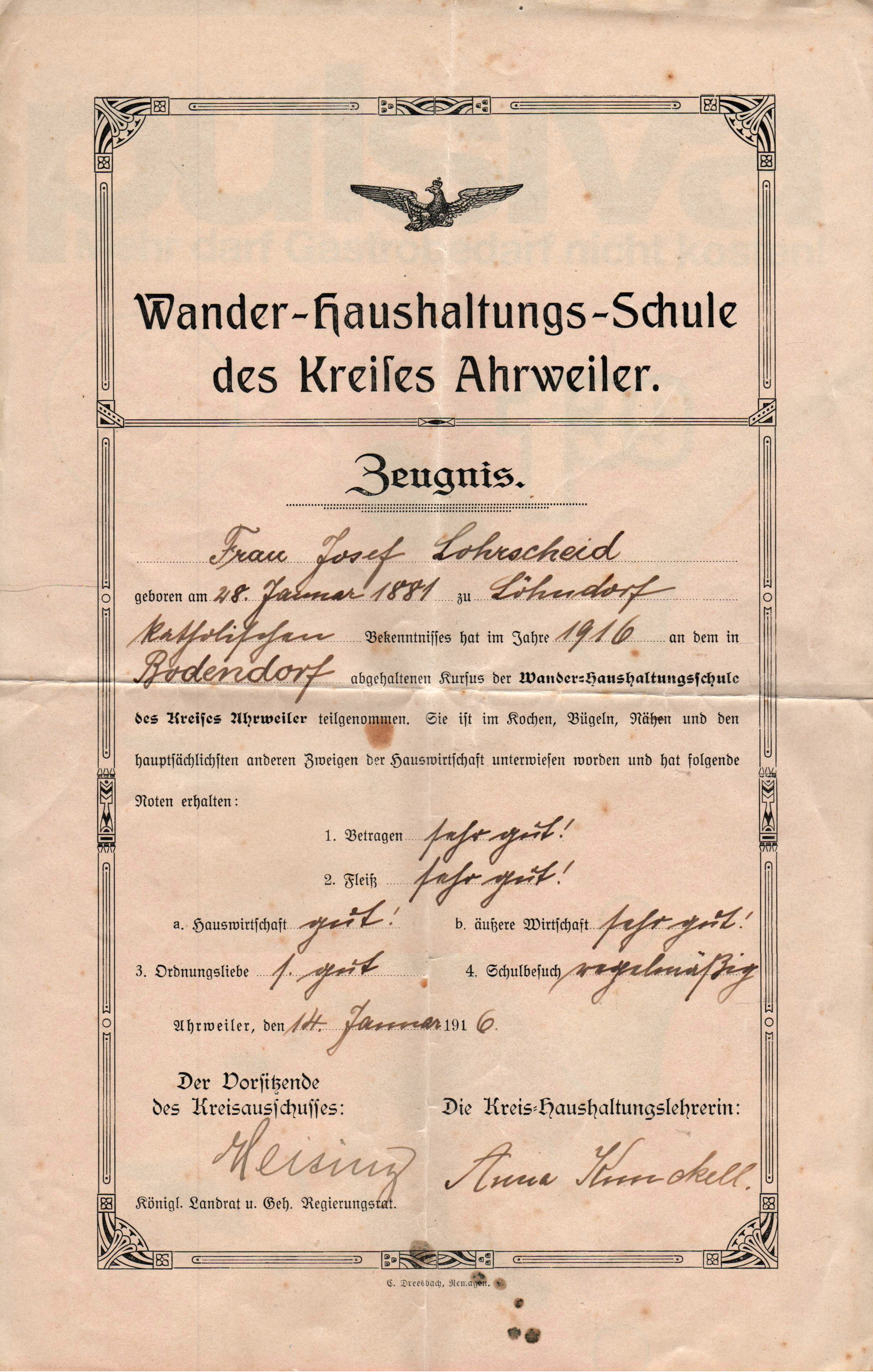 Zeugnis der Wander-Haushaltsschule des Kreises Ahrweiler (Heimatarchiv Bad Bodendorf CC BY-NC-SA)