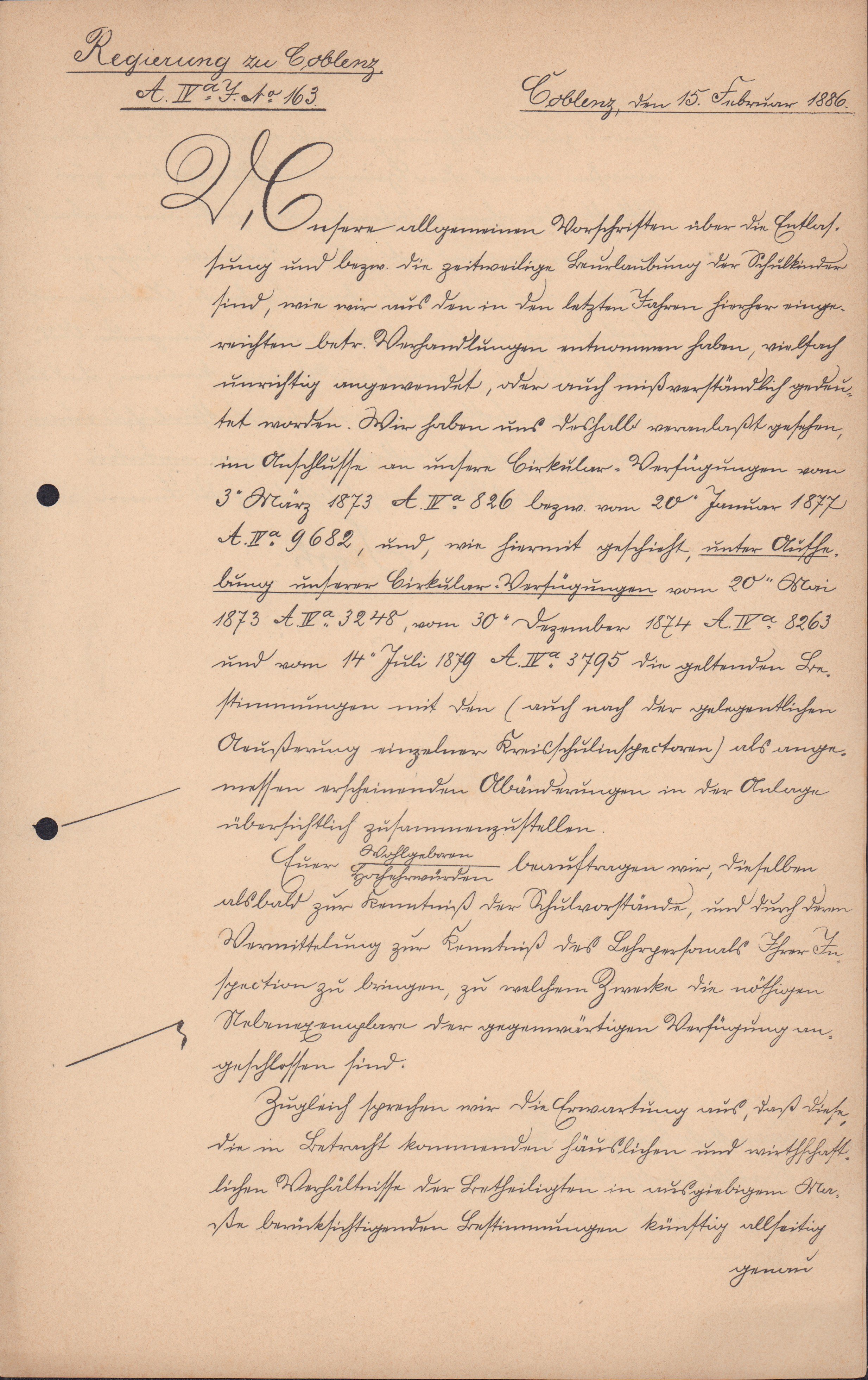 Anweisung der Schulbehörde in Koblenz vom 15. Februar 1886 (Heimatarchiv Bad Bodendorf CC BY-NC-SA)