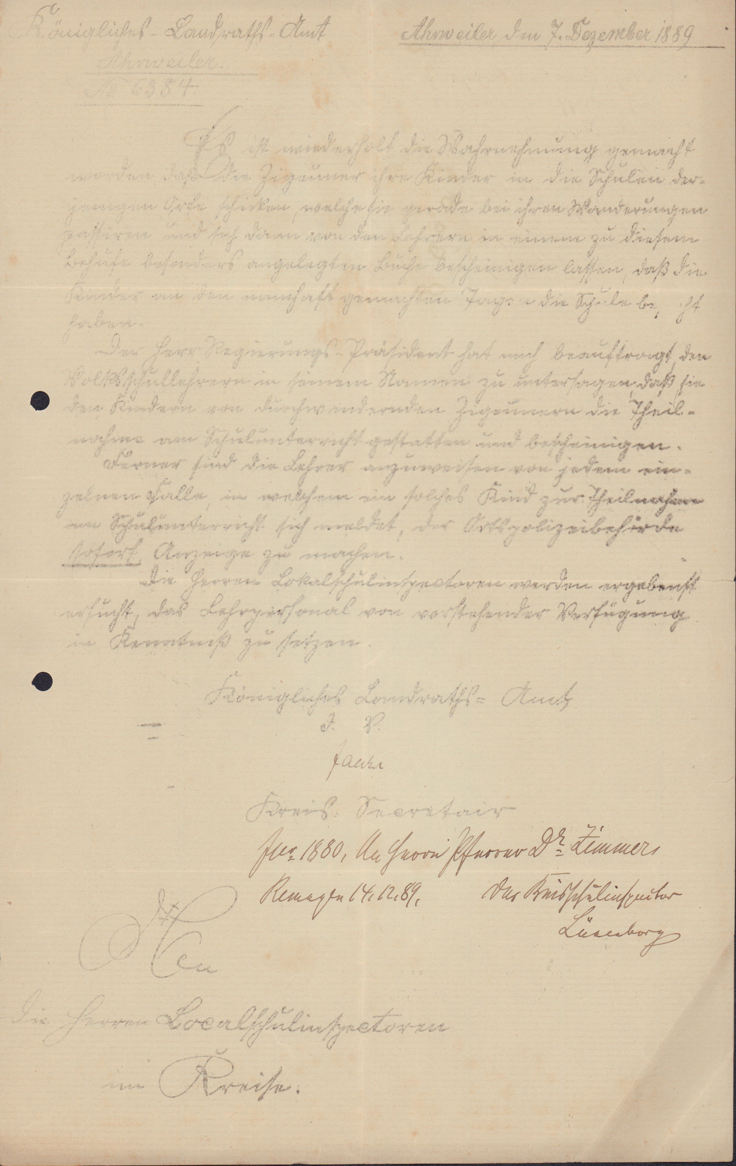 Anordnung des Königlichen Landratsamtes vom 7. Dezember 1889, die untersagt die Unterrichtung von schulpfichtigen Kindern von auf der Wanderung befind (Heimatarchiv Bad Bodendorf CC BY-NC-SA)