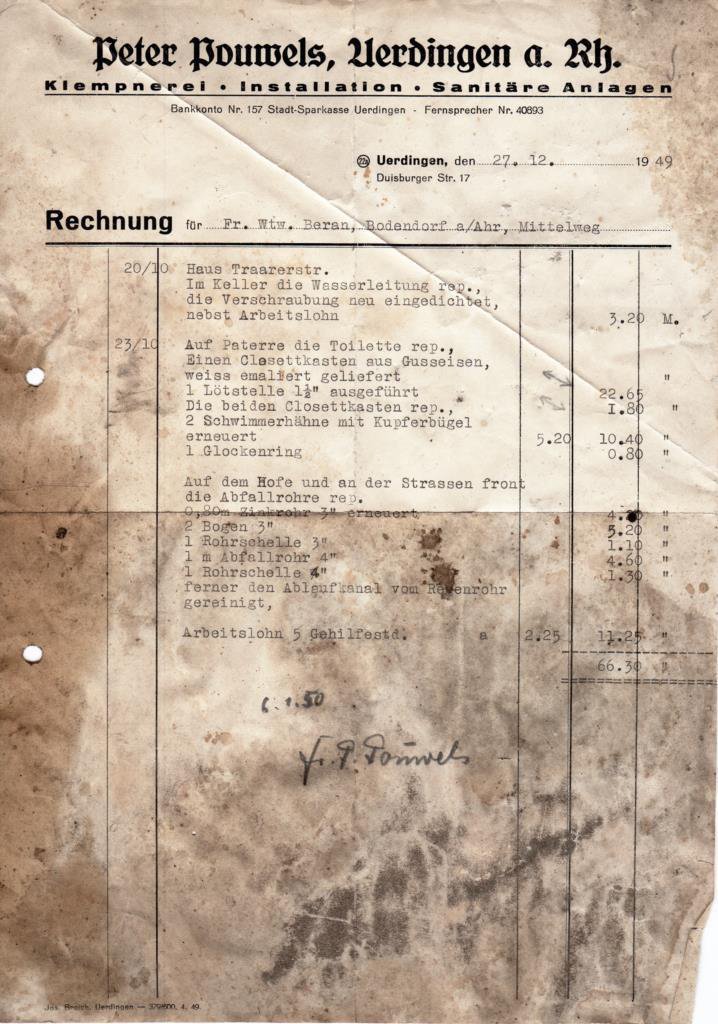 Rechnung für Sanitärarbeiten 1949 (Heimatarchiv Bad Bodendorf CC BY-NC-SA)