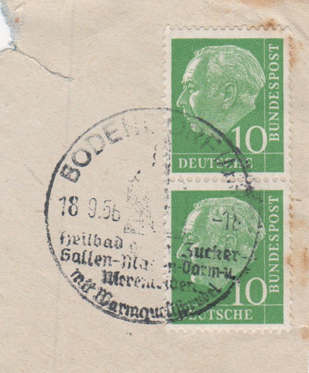 Teilbriefumschlag mit Briefmarke und Poststempel und Werbung für den Warmquellensprudel Bodendorf (Heimatarchiv Bad Bodendorf CC BY-NC-SA)