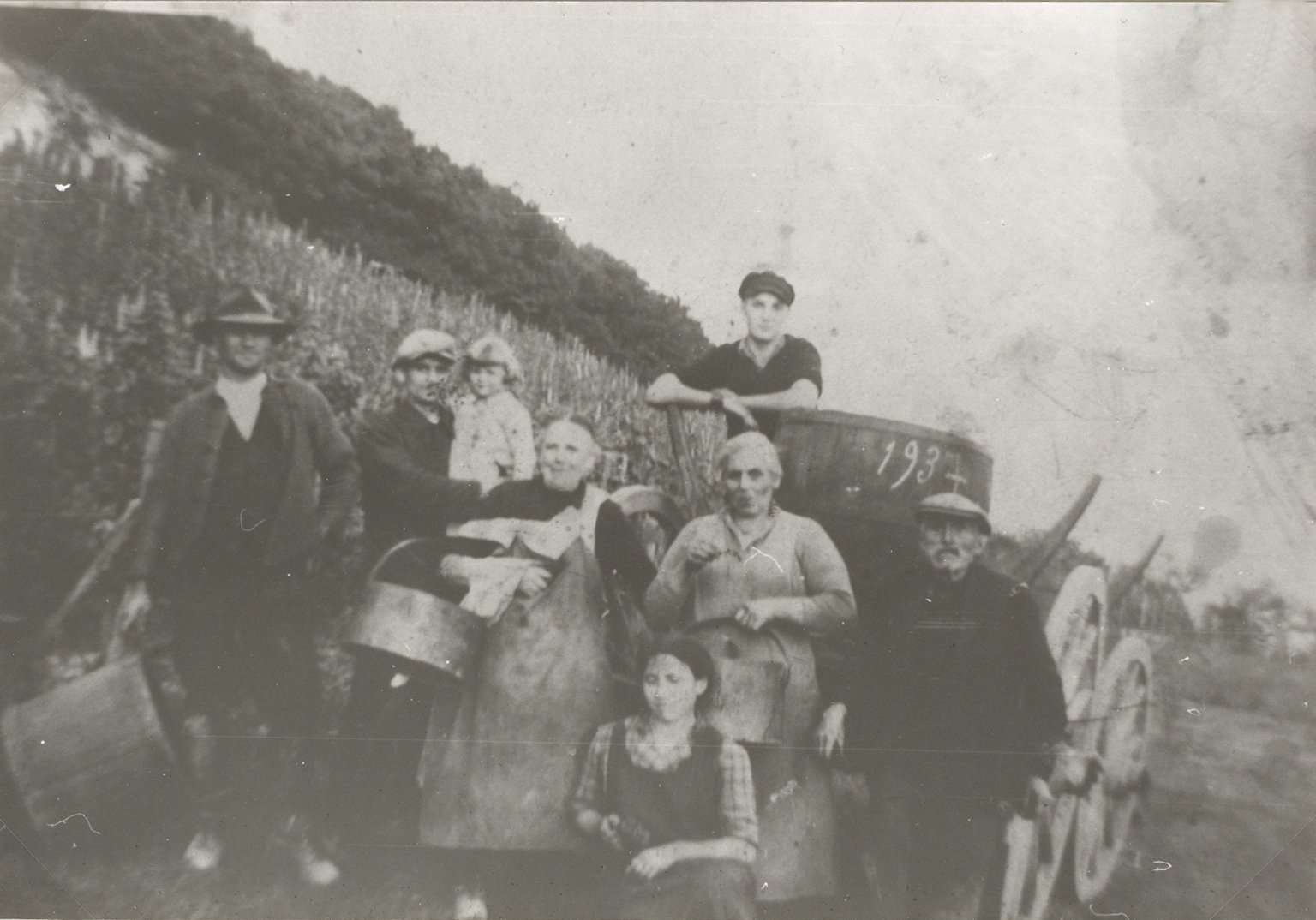 Gruppenfoto der Familie Beitzel 1937 vor der Weinlese am Transportwagen (Heimatarchiv Bad Bodendorf CC BY-NC-SA)