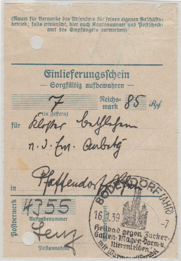 Post-Einlieferungsschein mit Werbestempel von Bodendorf (Heimatarchiv Bad Bodendorf CC BY-NC-SA)