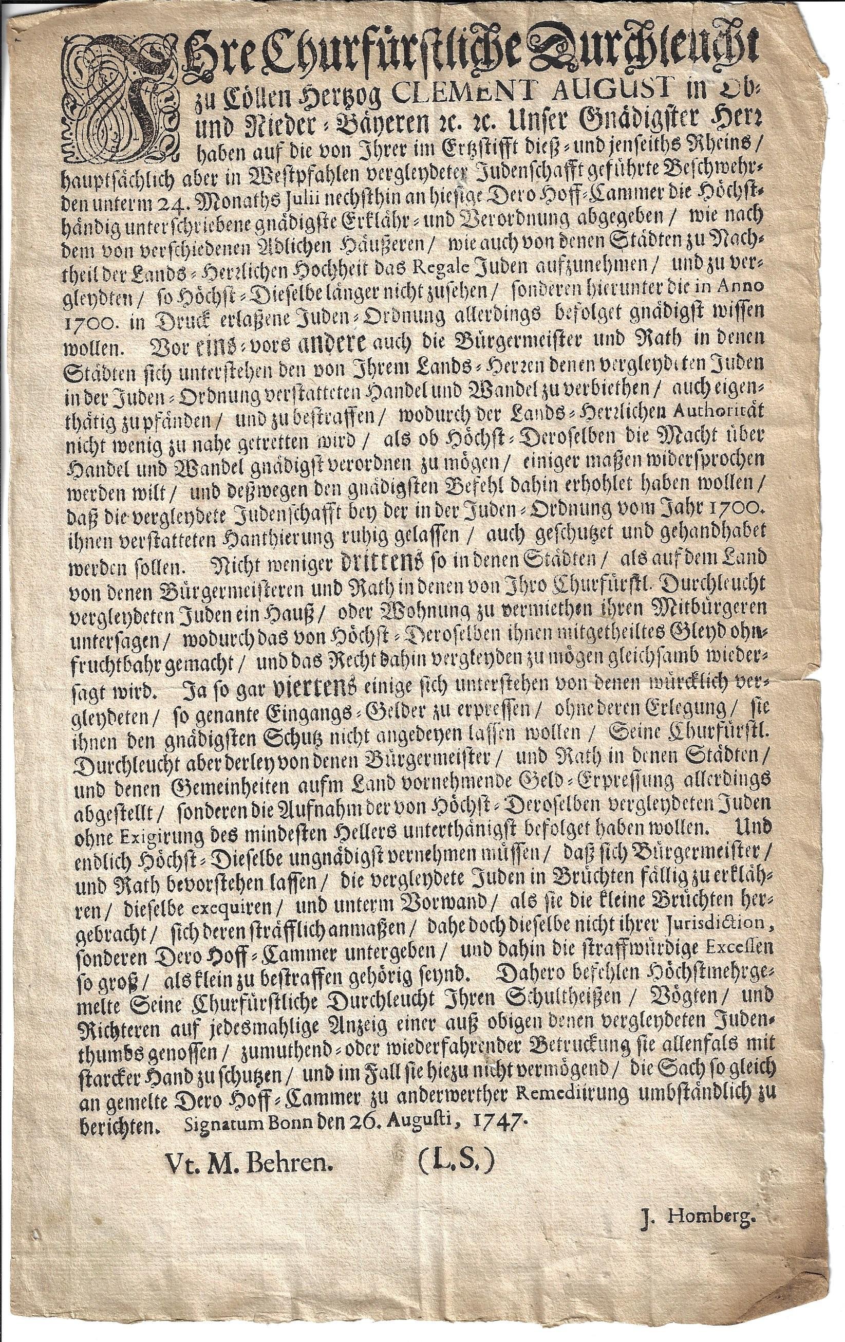 Verordnung des Kurfürsten Herzog Clemens August von Köln vom 26. August 1747 (Heimatmuseum Schloss Sinzig CC BY-NC-SA)
