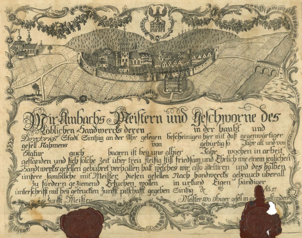 Gesellenbrief der Sinziger Hammerzunft (Heimatmuseum Schloss Sinzig CC BY-NC-SA)