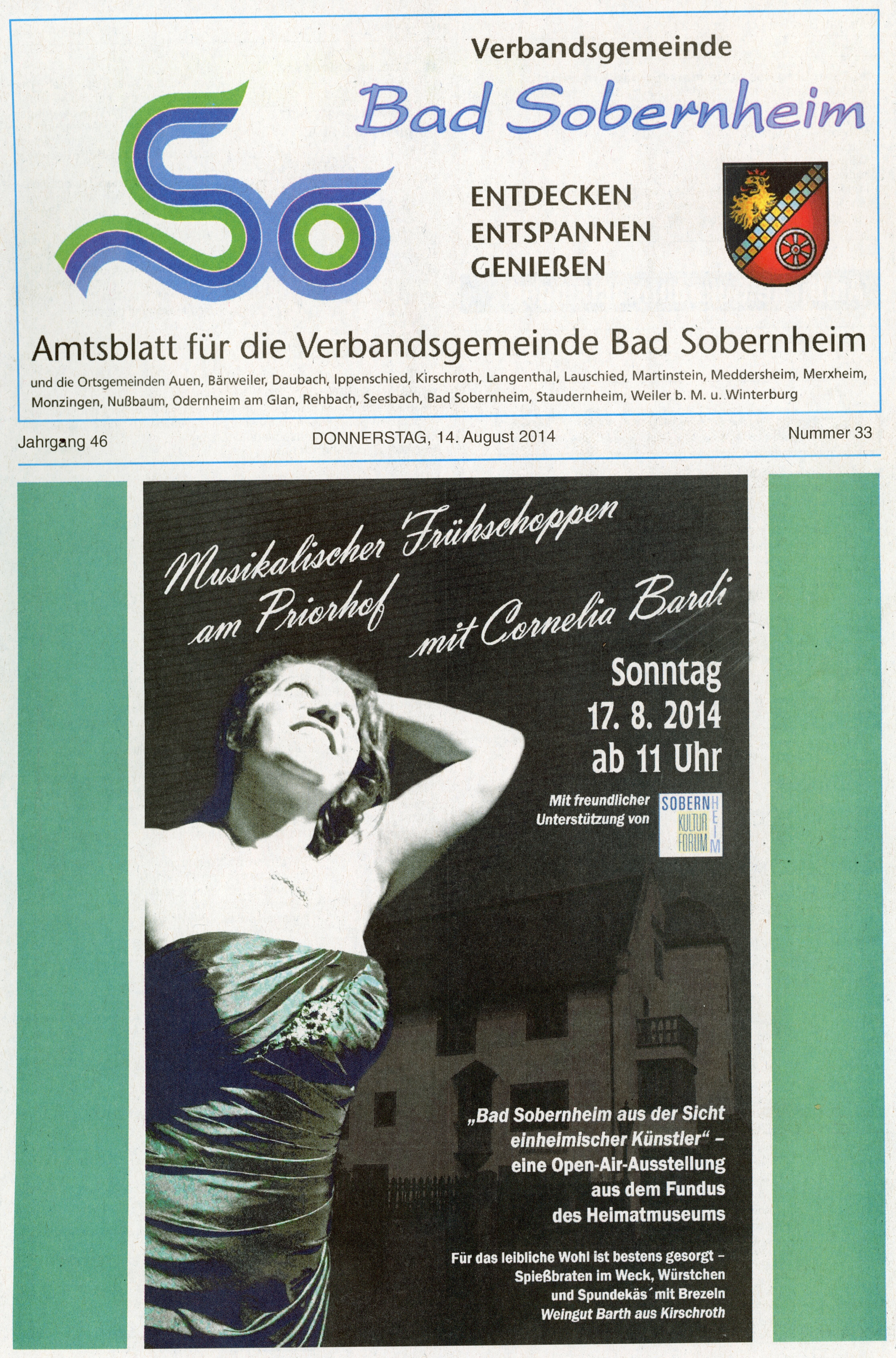 Werbung für musikalischer Frühschoppen am Prior auf. (Heimatmuseum im Priorhof Bad Sobernheim CC BY-NC-SA)