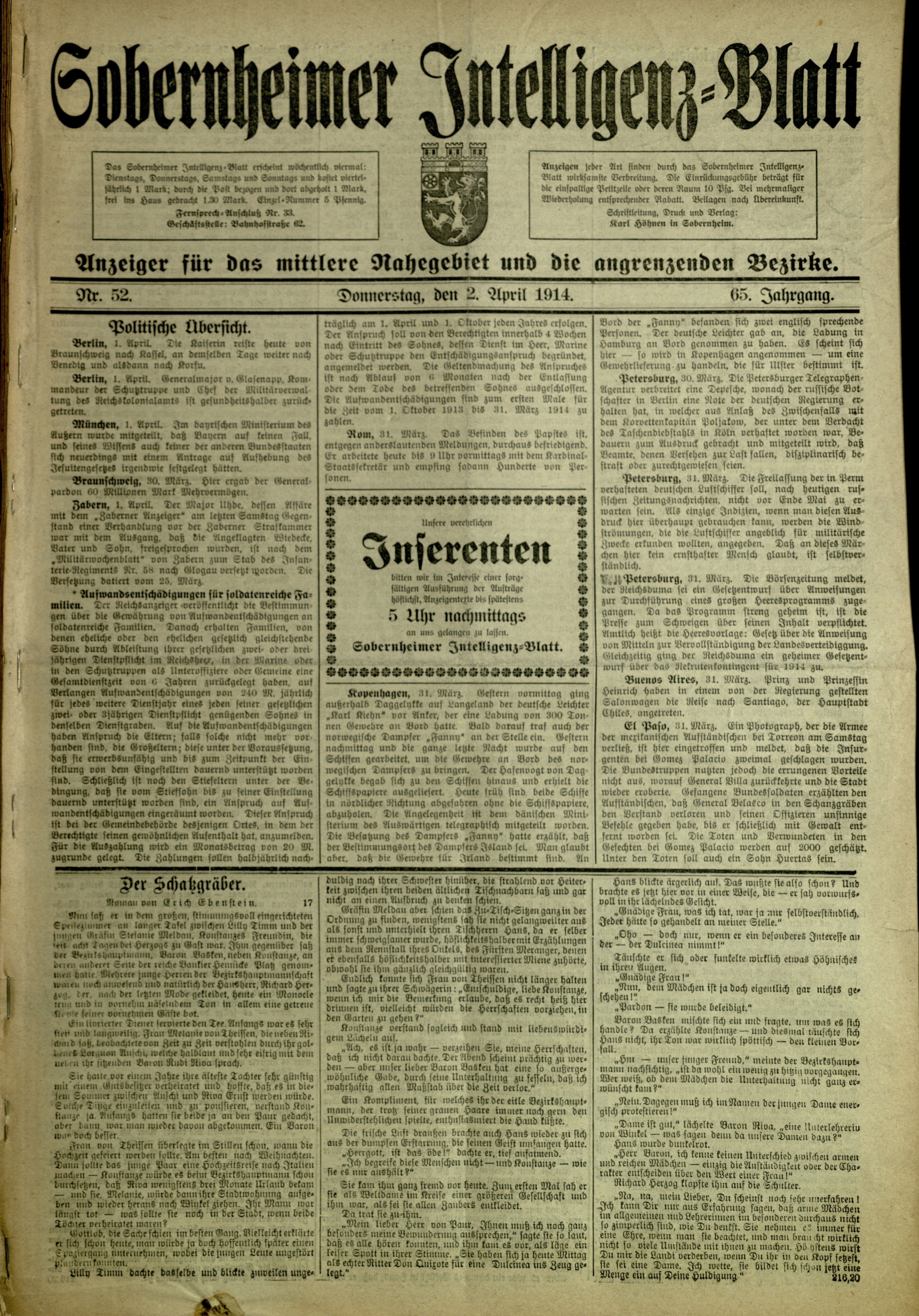 Zeitung: Sobernheimer Intelligenzblatt, April 1914 (Heimatmuseum Bad Sobernheim CC BY-NC-SA)
