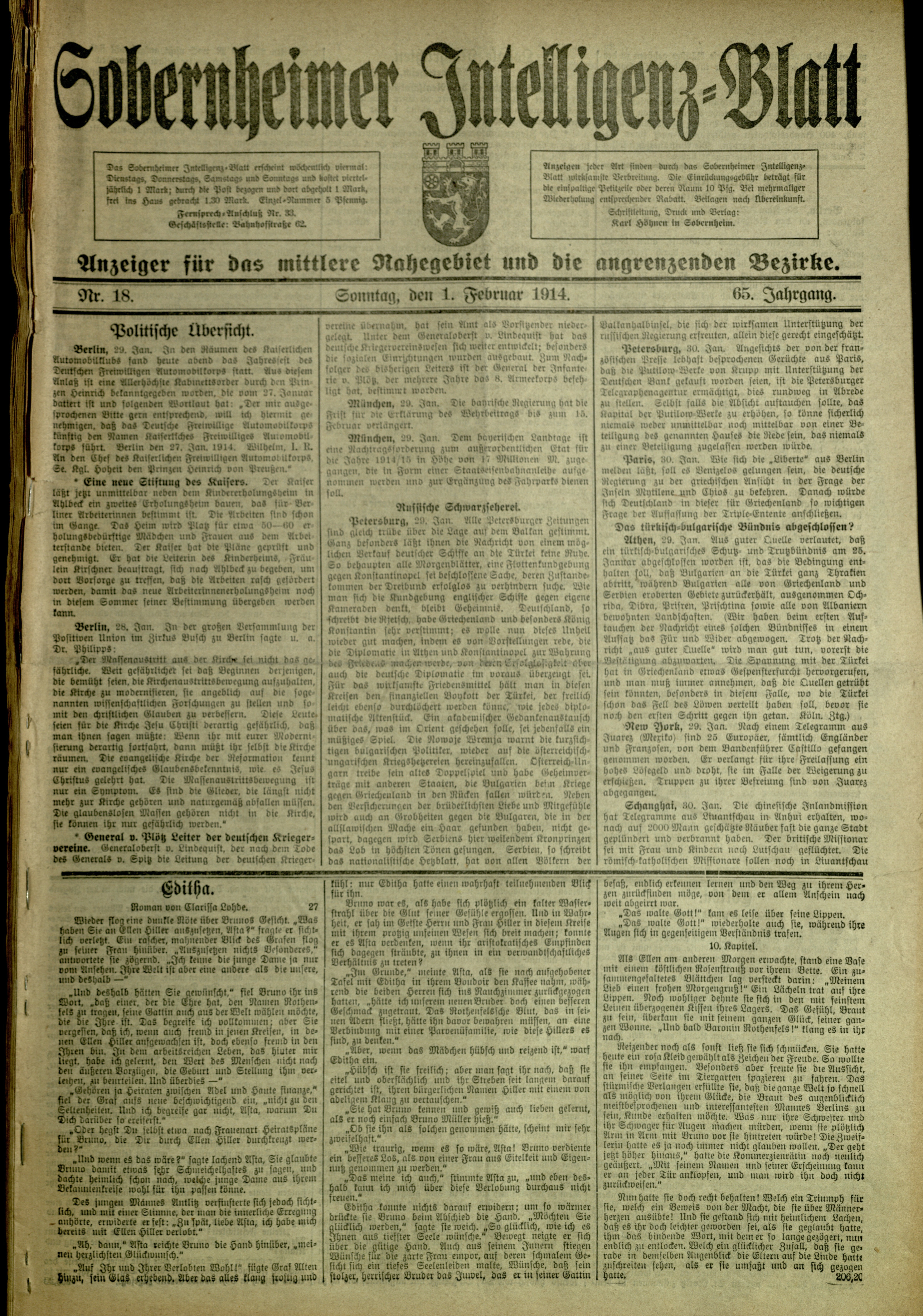 Zeitung: Sobernheimer Intelligenzblatt; Februar 1914, Jg. 65, Nr. 18 (Heimatmuseum Bad Sobernheim CC BY-NC-SA)