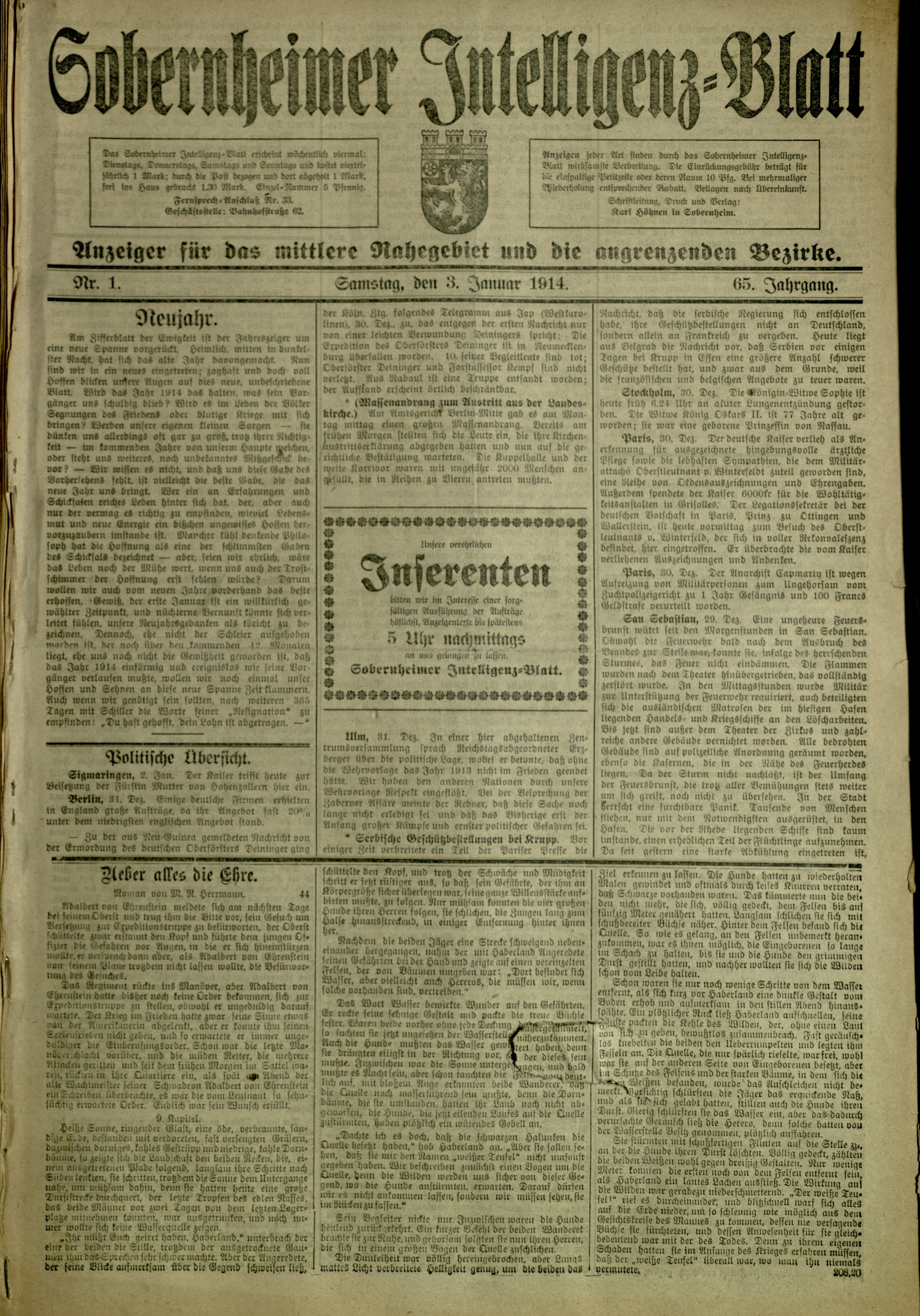 Zeitung: Sobernheimer Intelligenzblatt; Januar 1914, Jg. 65 Nr. 1 (Heimatmuseum Bad Sobernheim CC BY-NC-SA)